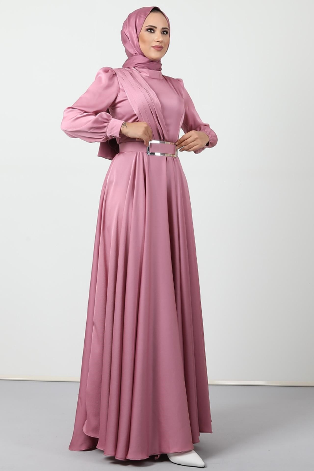 Önü Pileli Tesettür Abiye Pembe