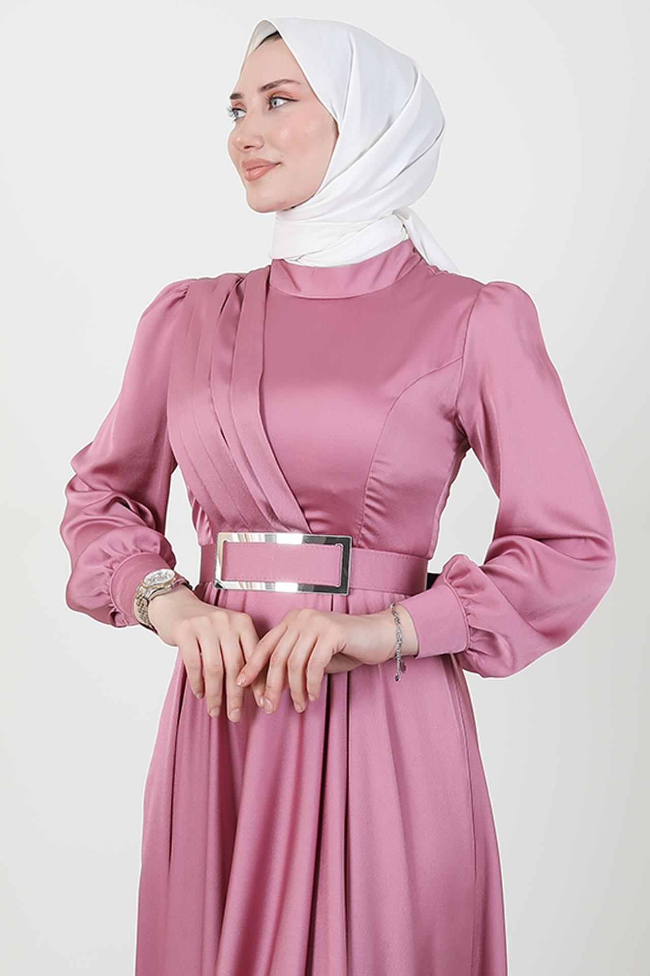 Önü Pileli Tesettür Abiye Pembe