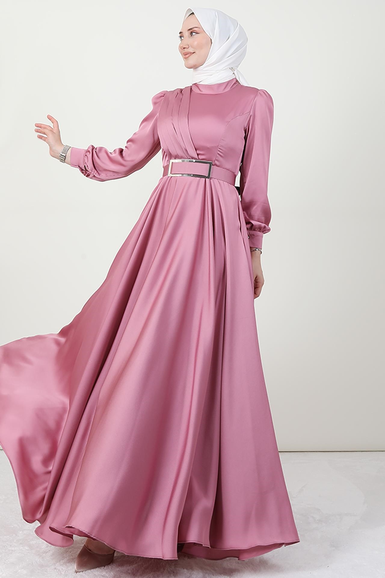 Önü Pileli Tesettür Abiye Pembe