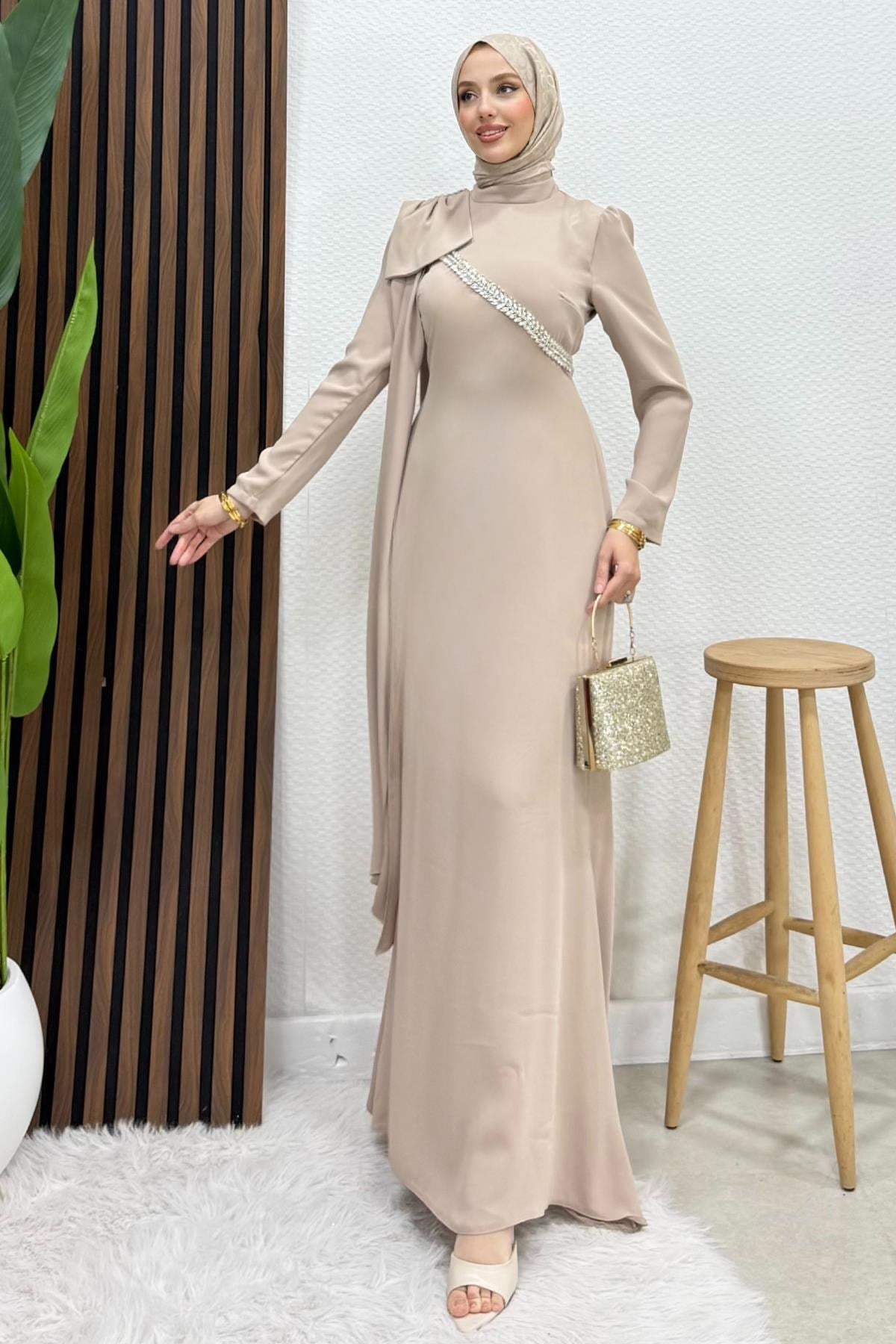 Özün Taşlı Abiye Açık Vizon
