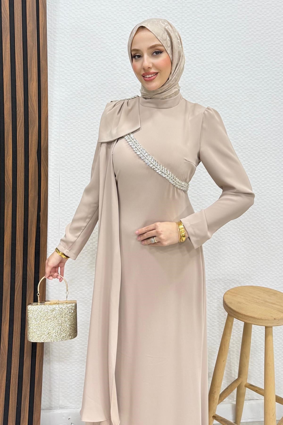 Özün Taşlı Abiye Açık Vizon