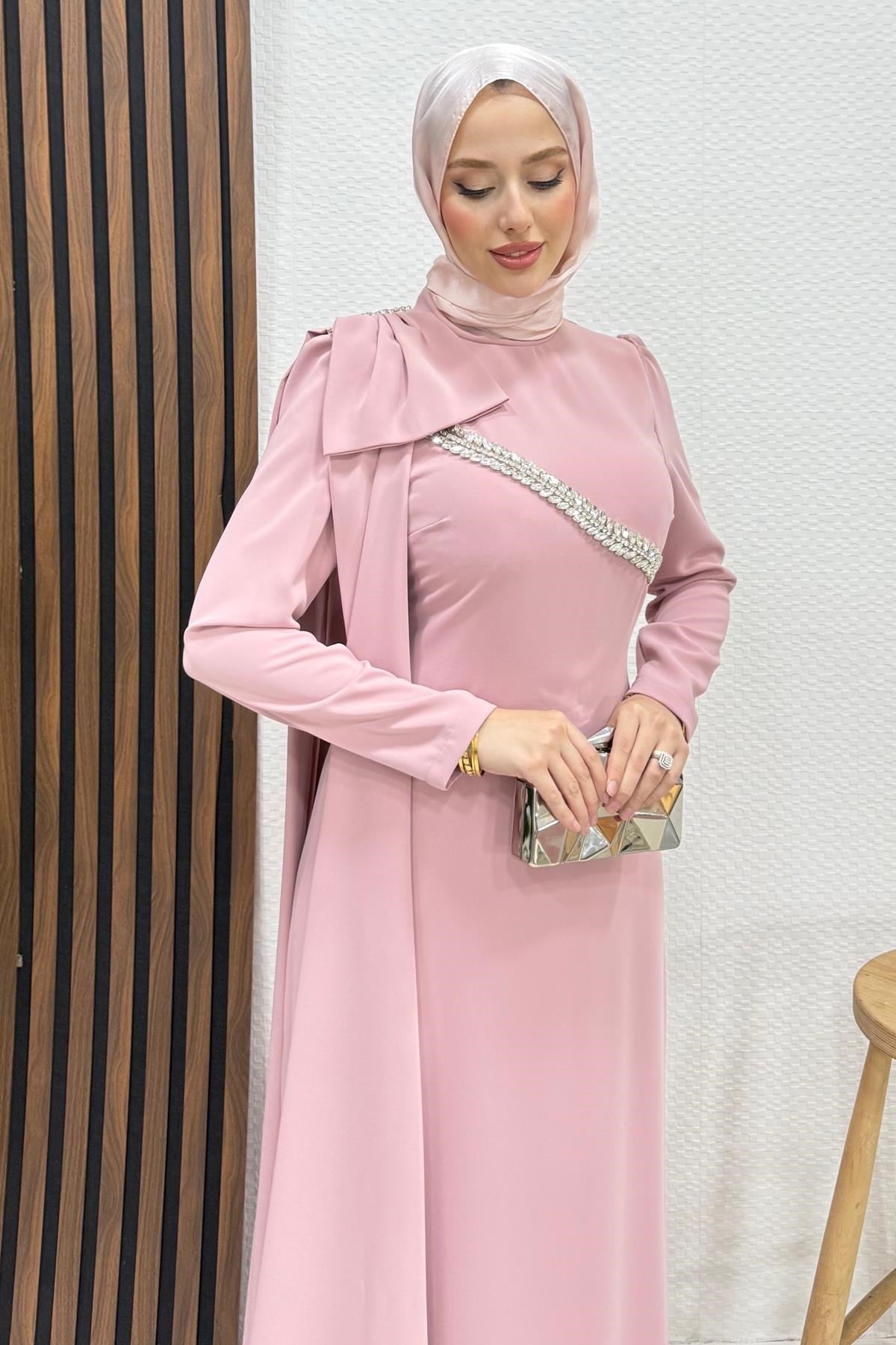 Özün Taşlı Abiye Soft Pembe