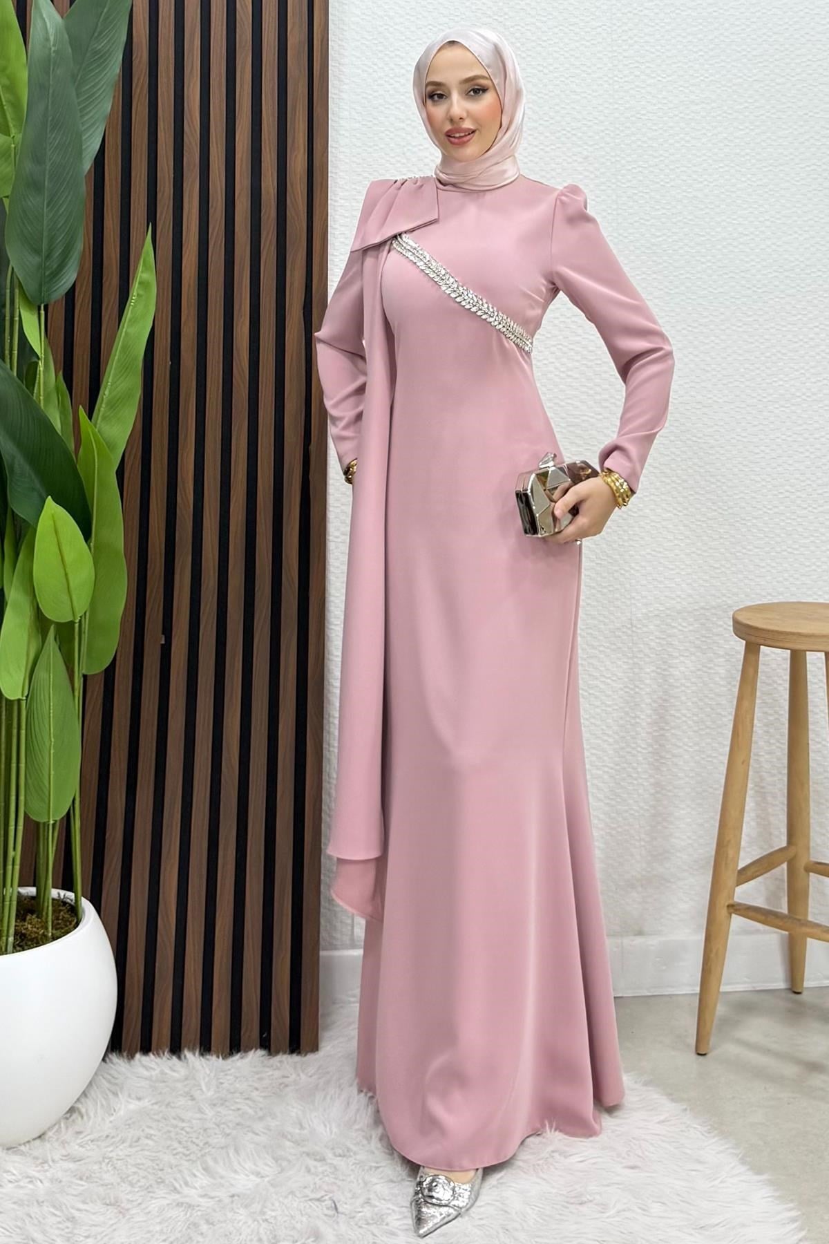 Özün Taşlı Abiye Soft Pembe