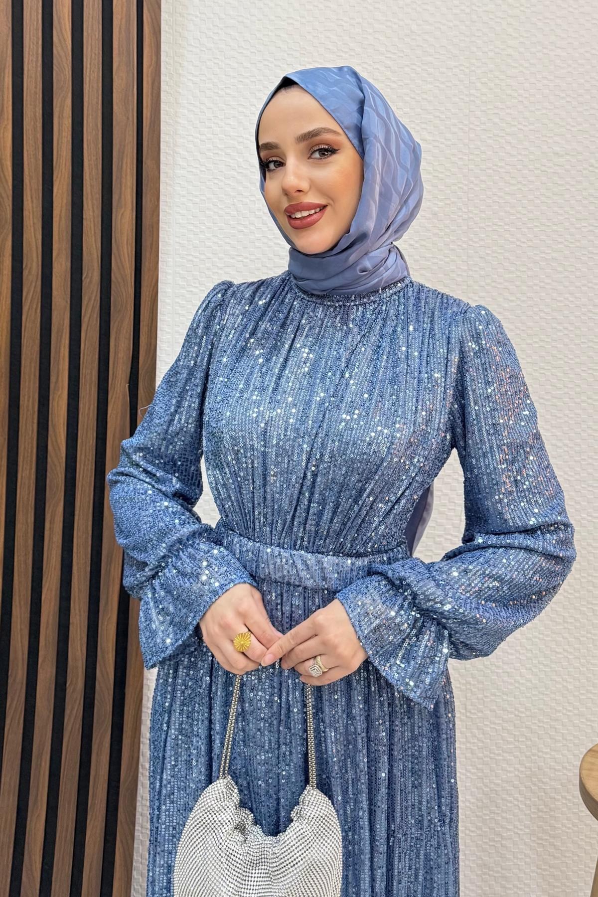 Pul Payet Kelebek Abiye Mavi