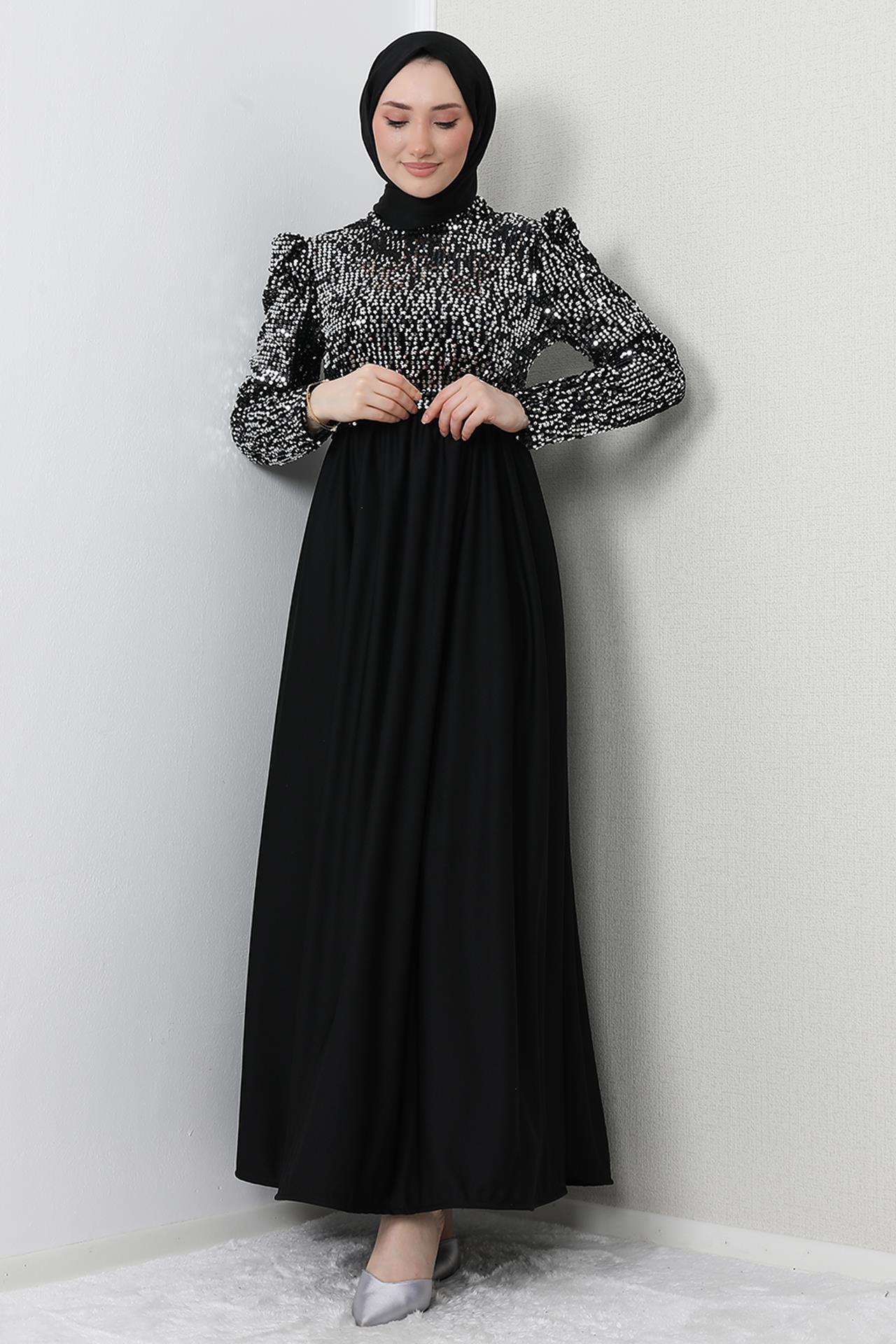 Pullu Tesettür Elbise Siyah
