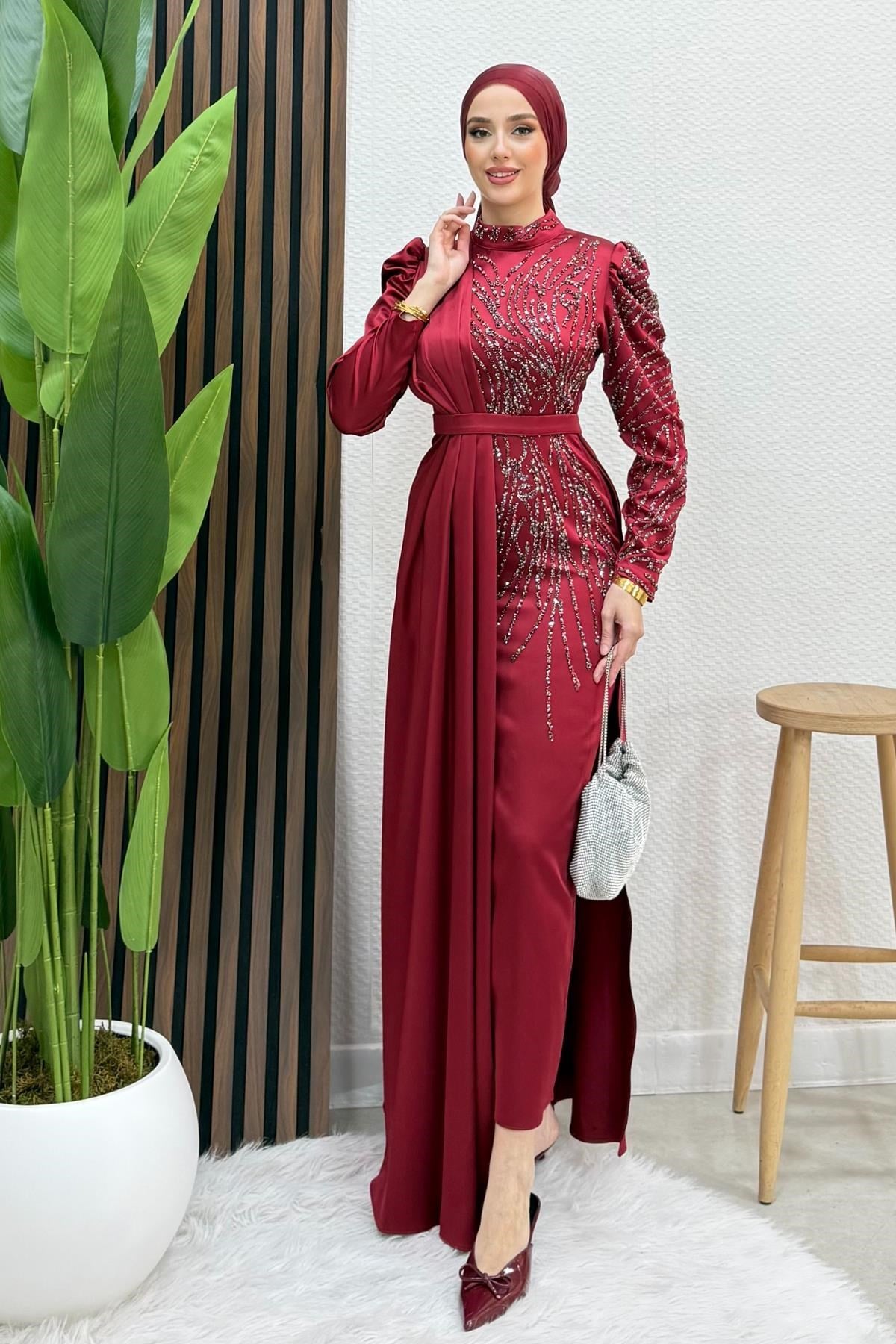 Royal Saten Abiye Bordo