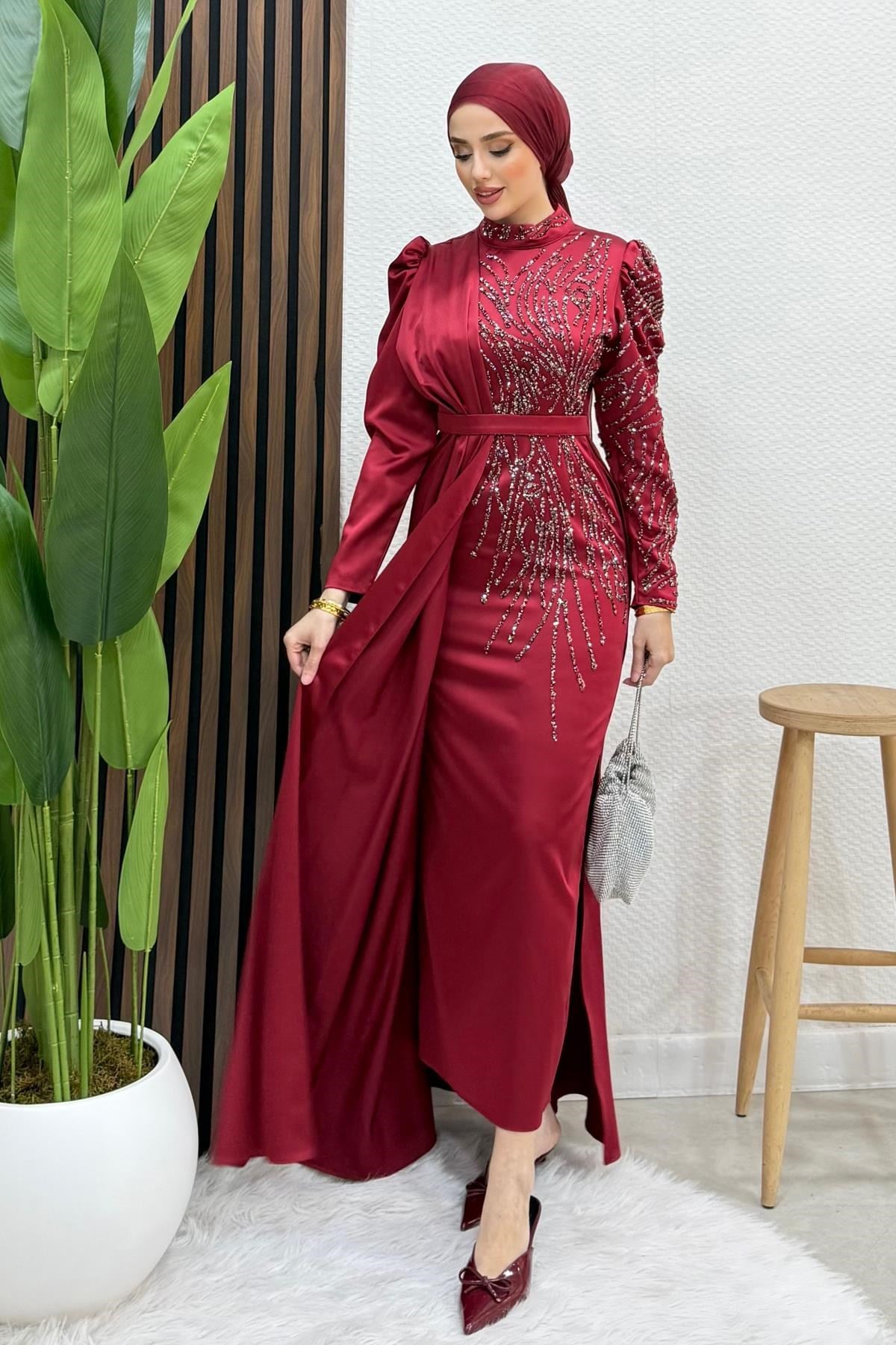 Royal Saten Abiye Bordo