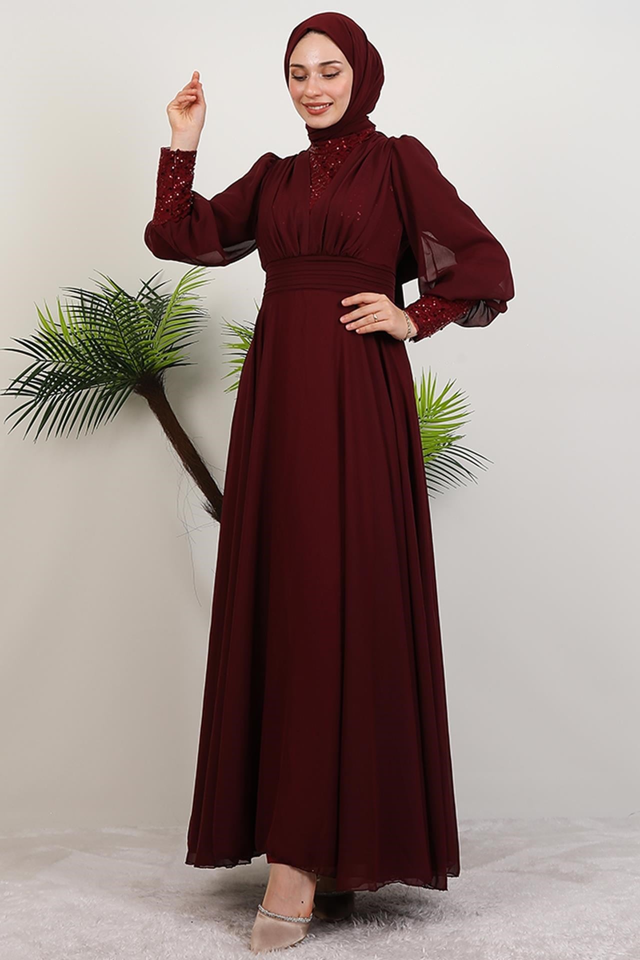 Roza Detay Şifon Elbise Bordo