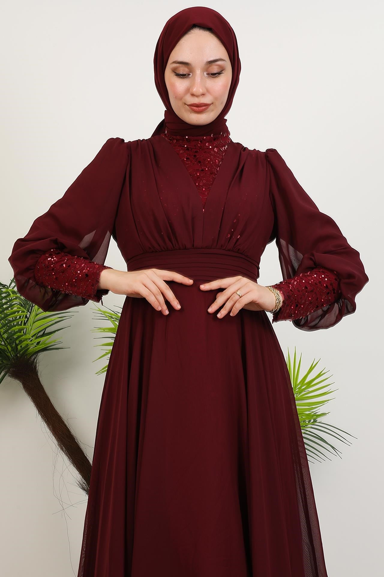 Roza Detay Şifon Elbise Bordo