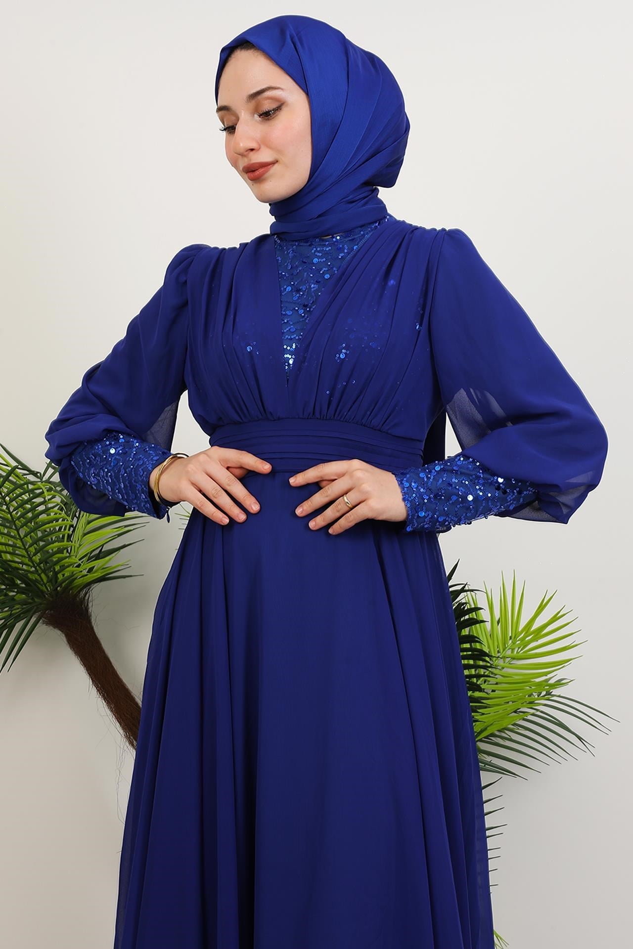 Roza Detay Şifon Elbise Gece Mavi