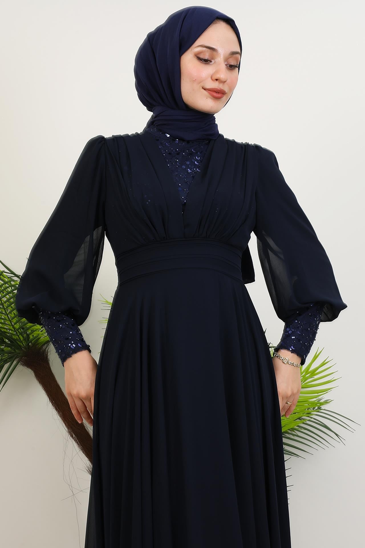 Roza Detay Şifon Elbise Lacivert