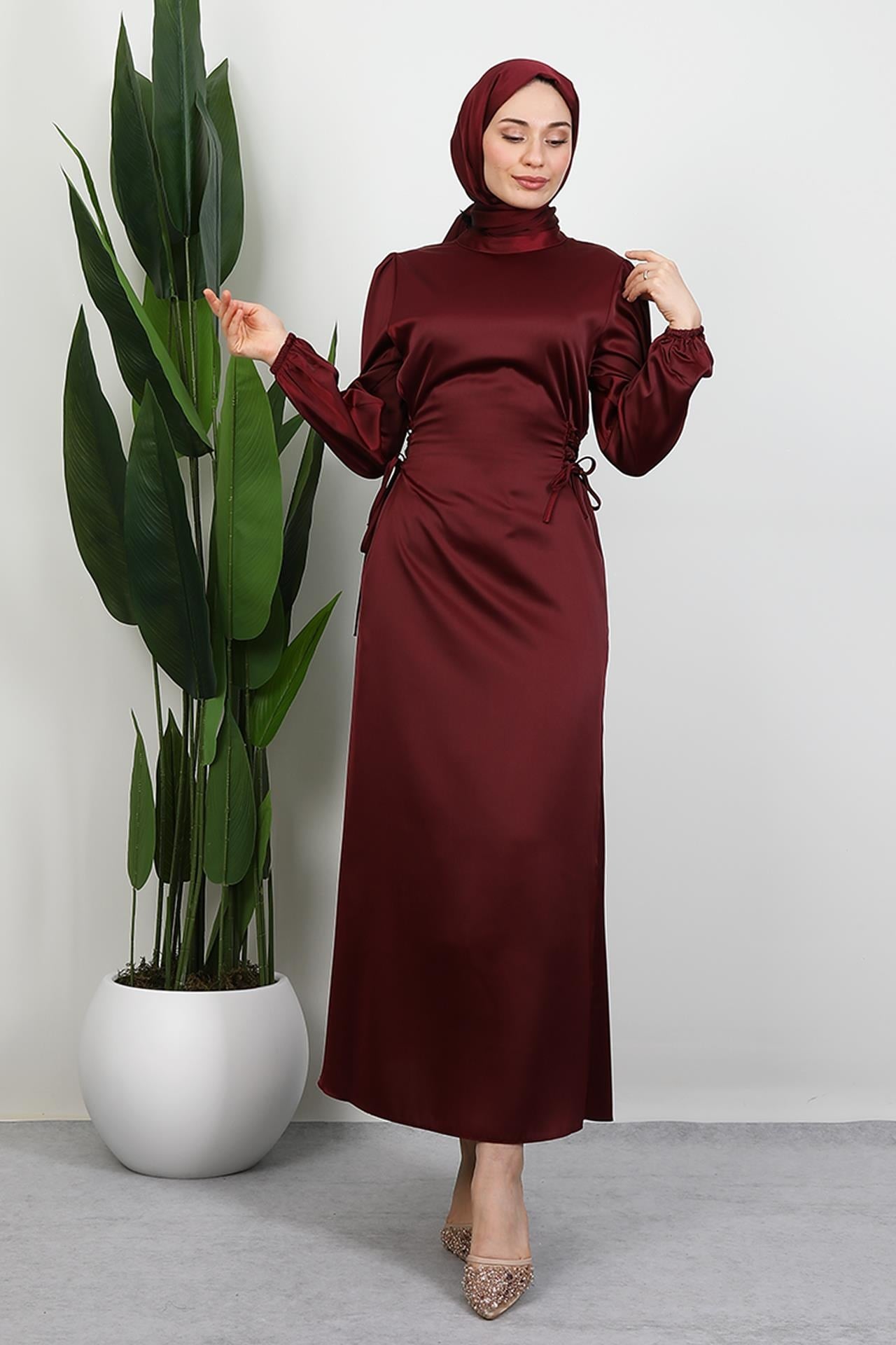 Sahra Tesettür Elbise Koyu Bordo