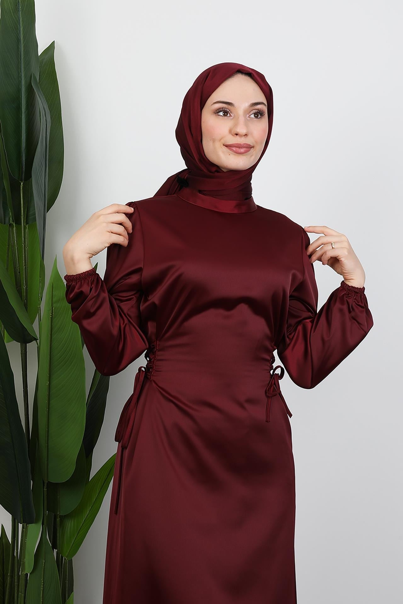 Sahra Tesettür Elbise Koyu Bordo