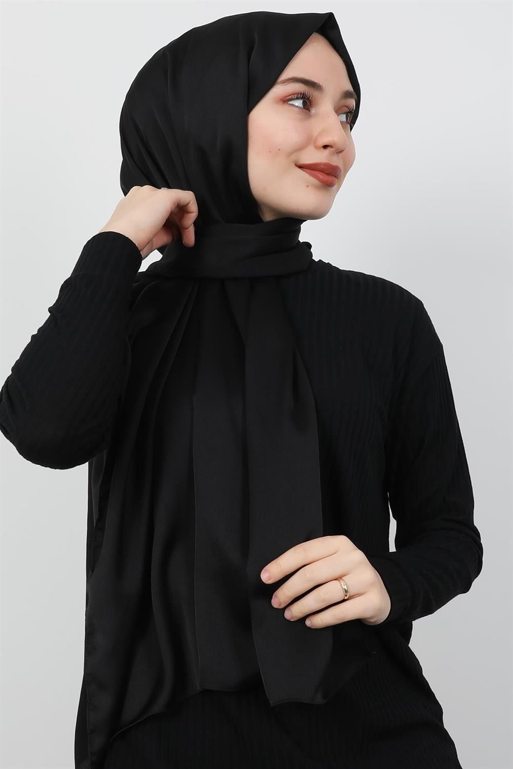Saten İpek Şal Siyah