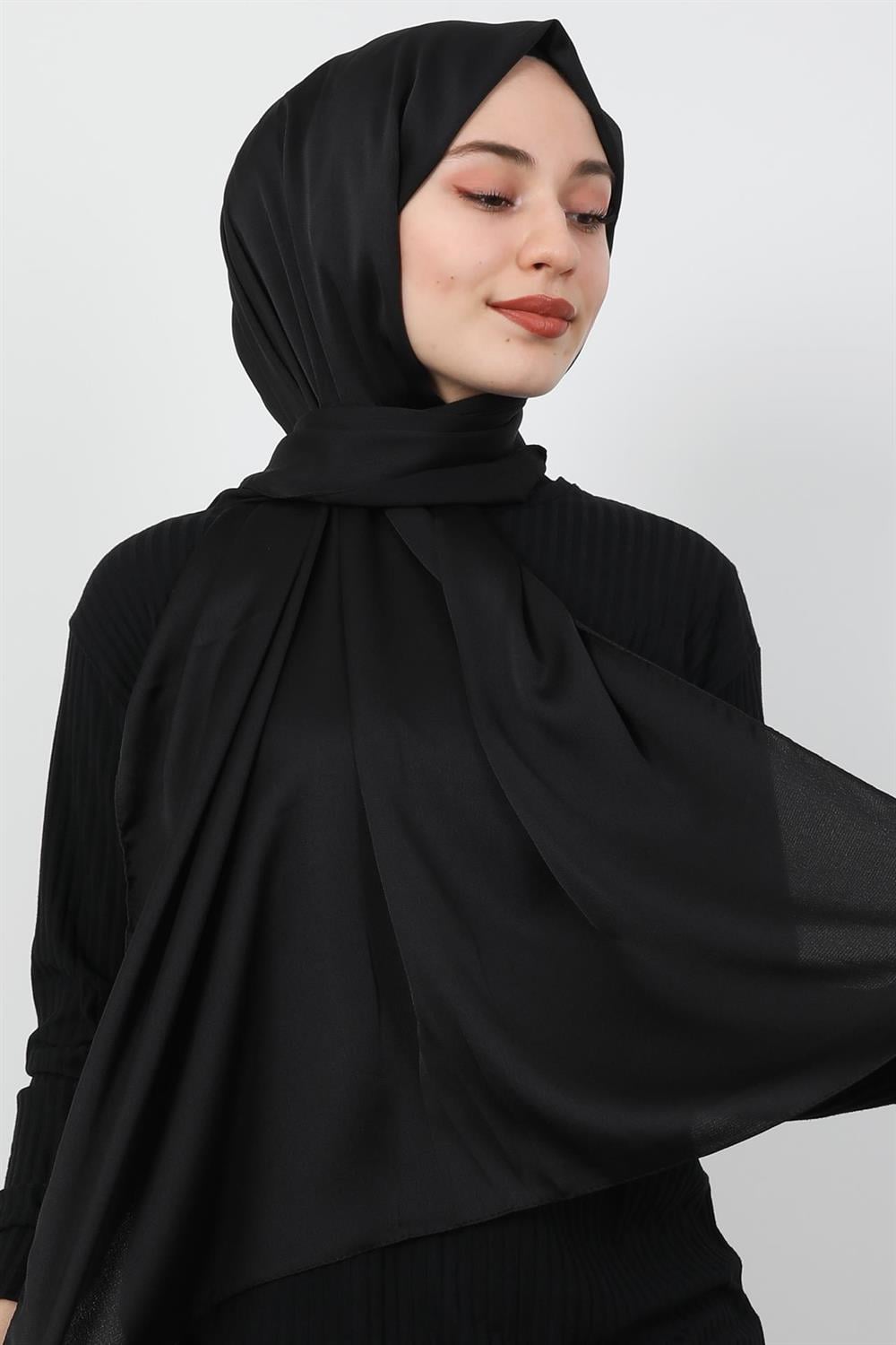 Saten İpek Şal Siyah