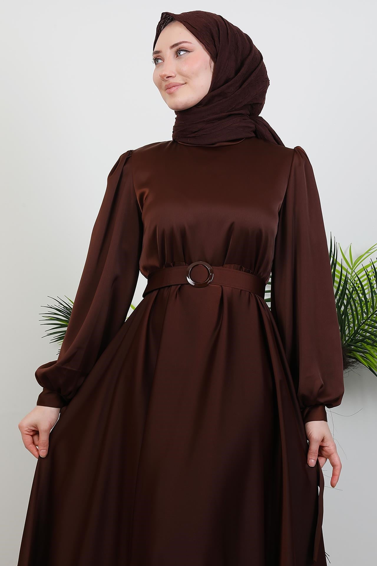 Saten Kemerli Elbise Acı Kahve