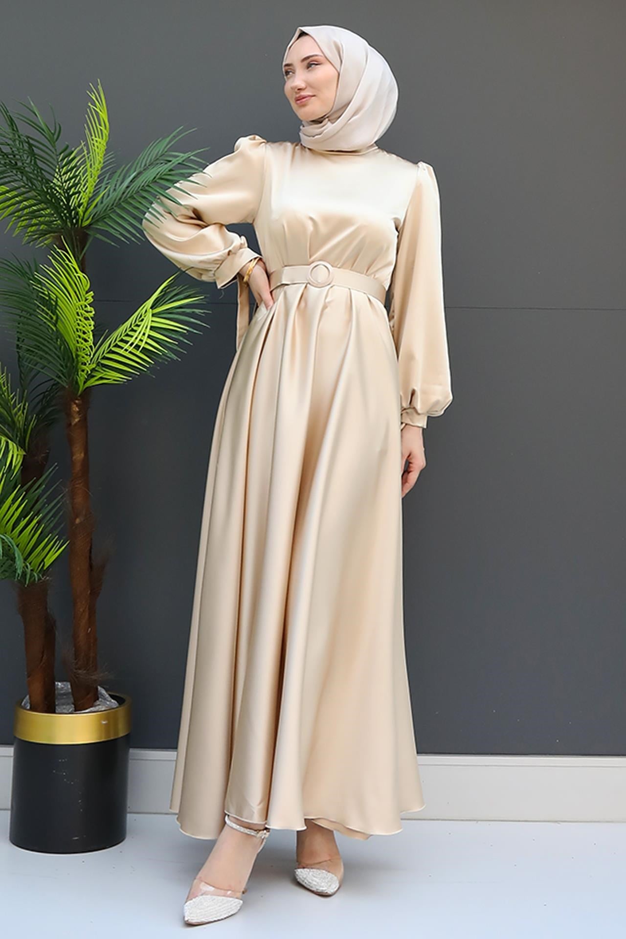 Saten Kemerli Elbise Gold
