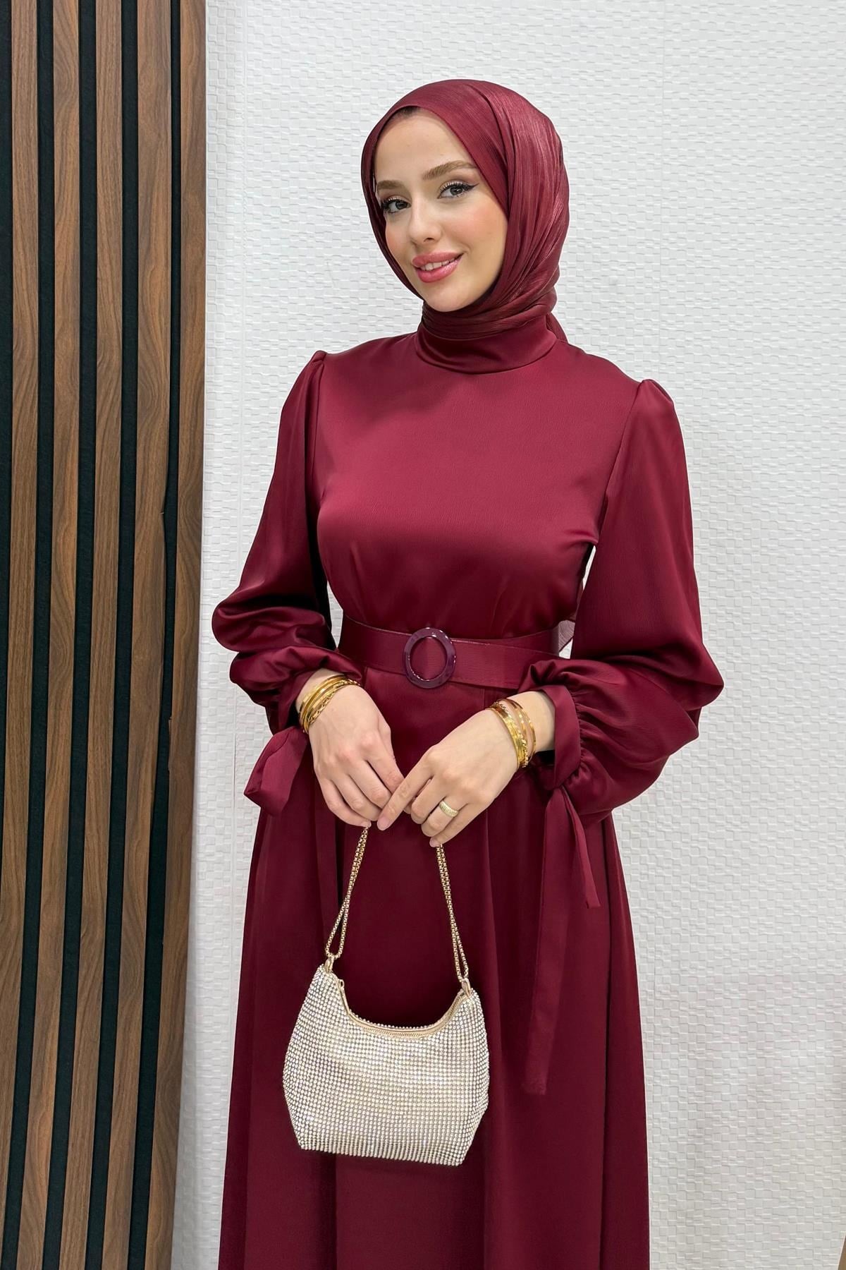 Saten Kemerli Elbise Koyu Bordo