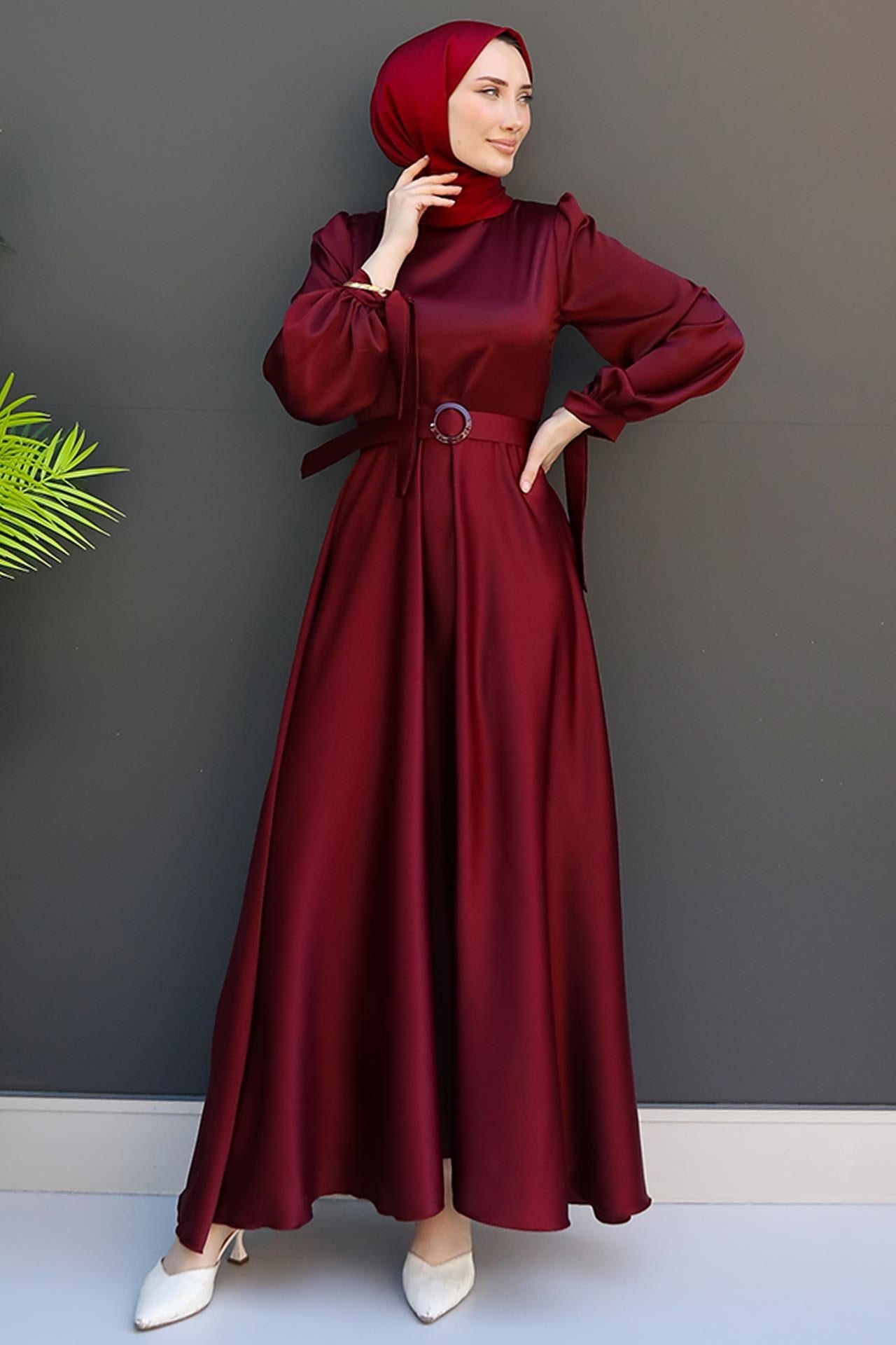 Saten Kemerli Elbise Koyu Bordo