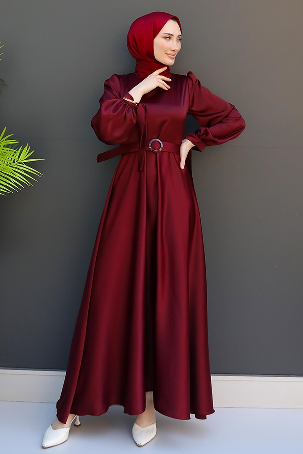 Saten Kemerli Elbise Koyu Bordo