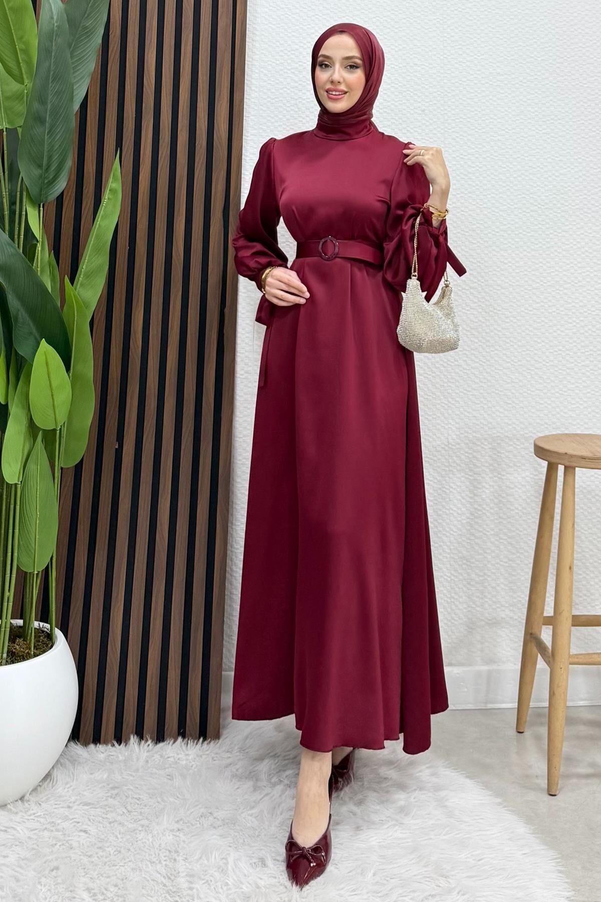 Saten Kemerli Elbise Koyu Bordo