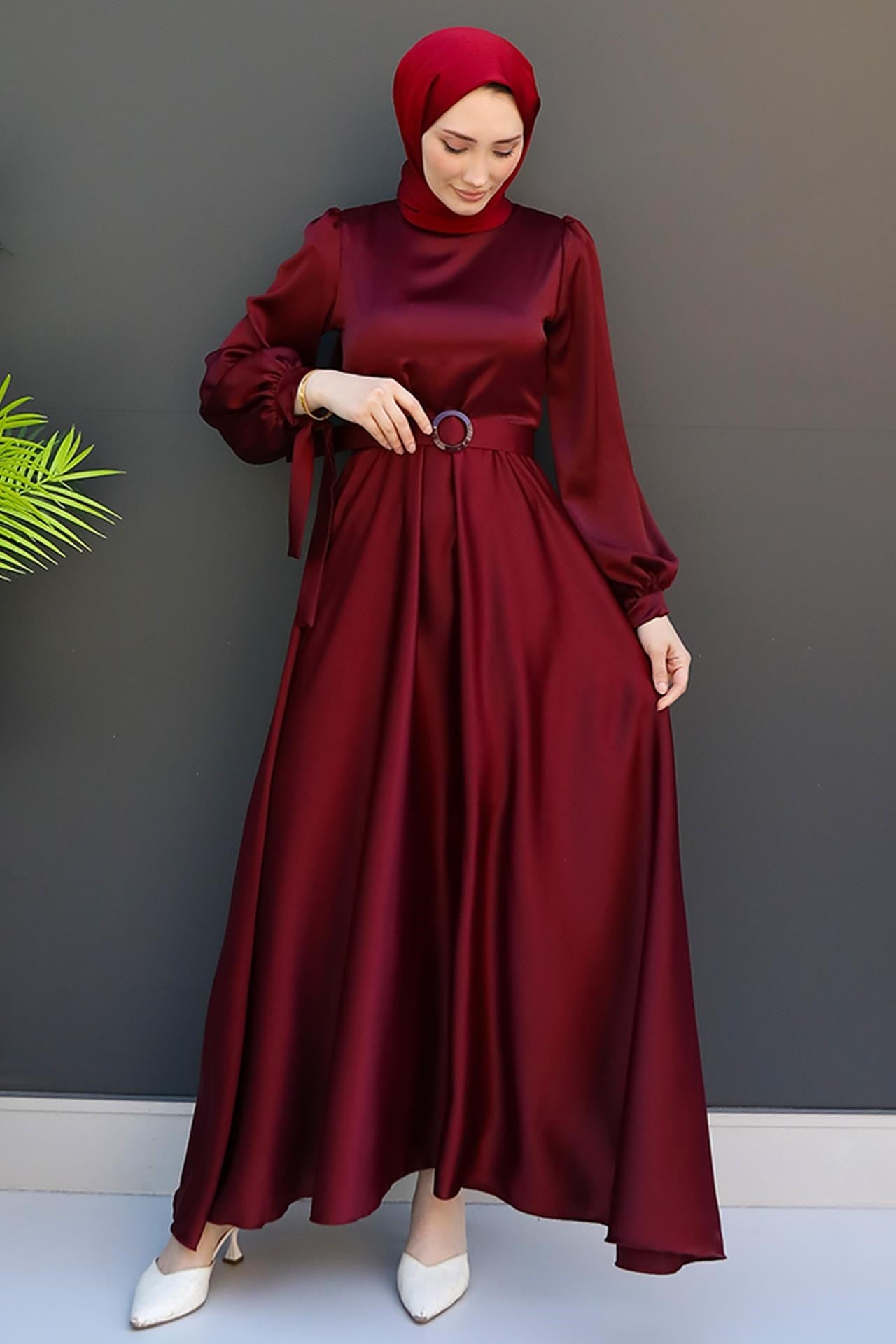 Saten Kemerli Elbise Koyu Bordo