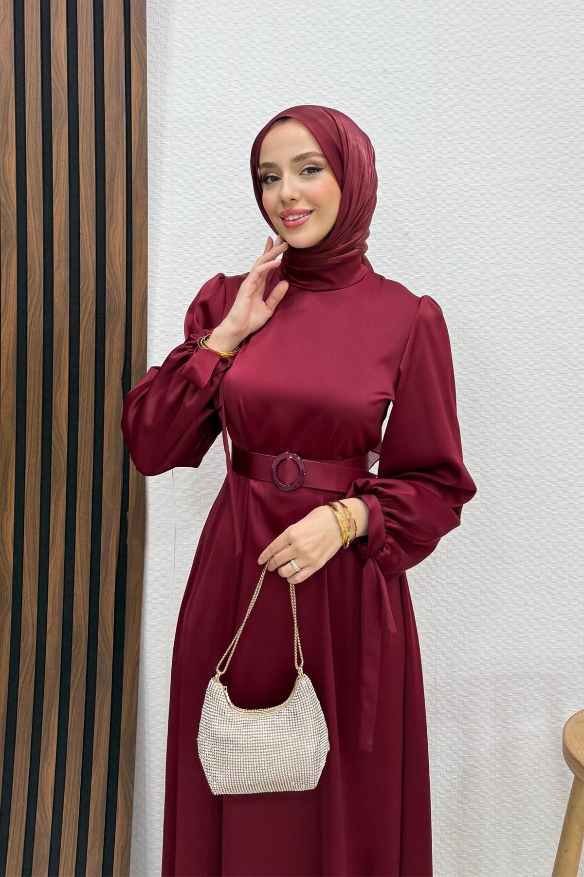 Saten Kemerli Elbise Koyu Bordo