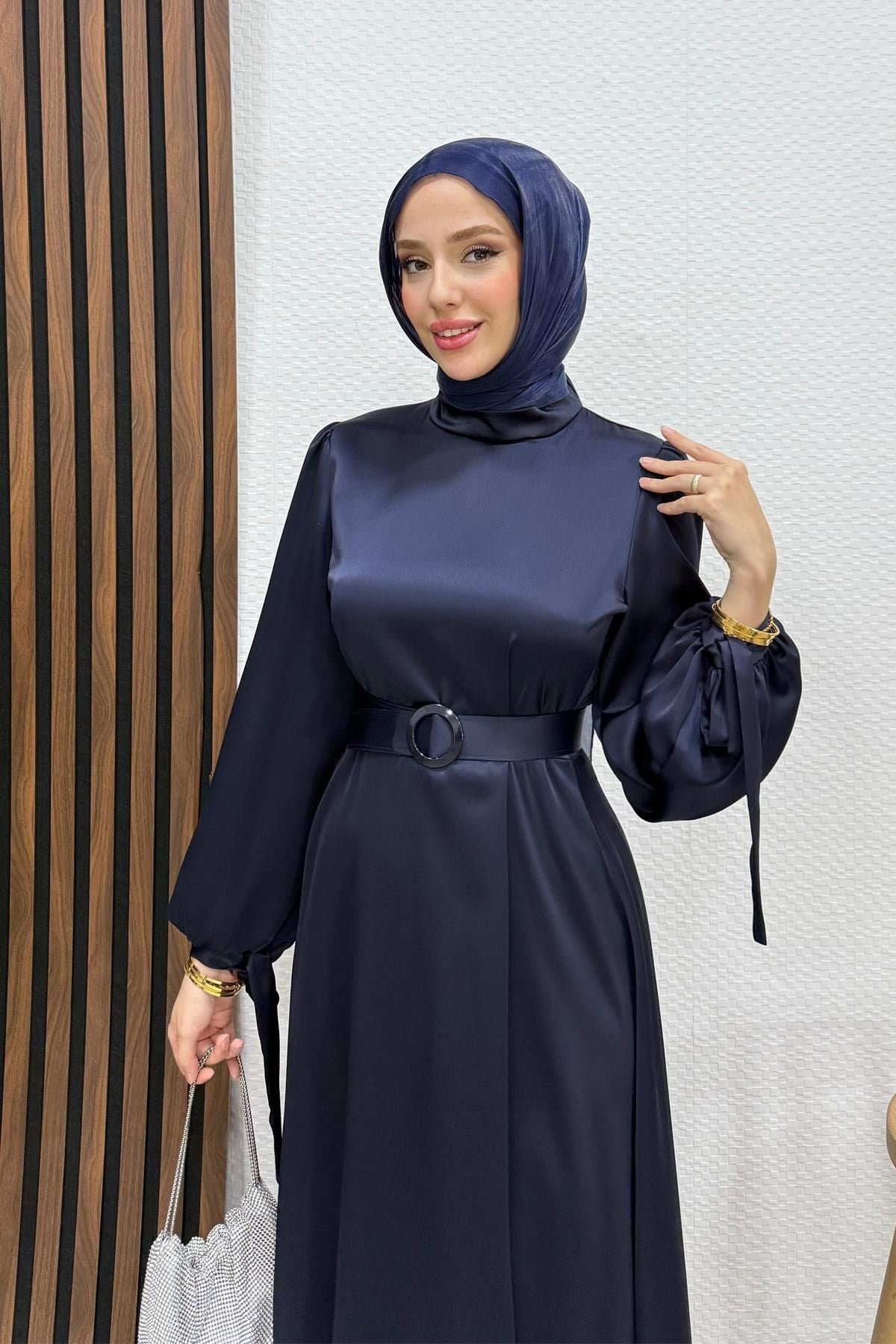 Saten Kemerli Elbise Lacivert