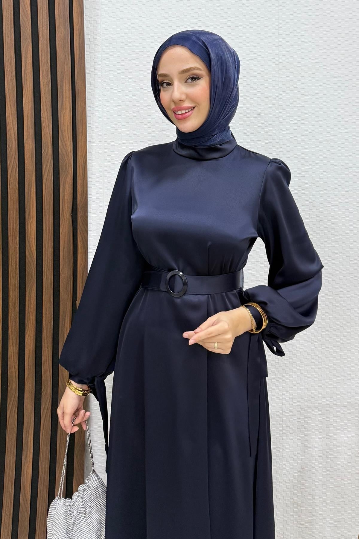 Saten Kemerli Elbise Lacivert