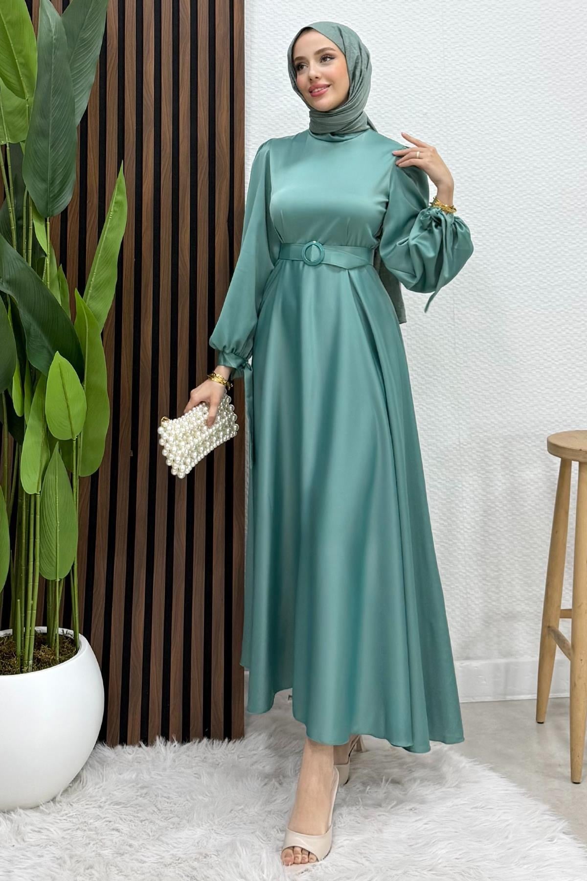 Saten Kemerli Elbise Mint