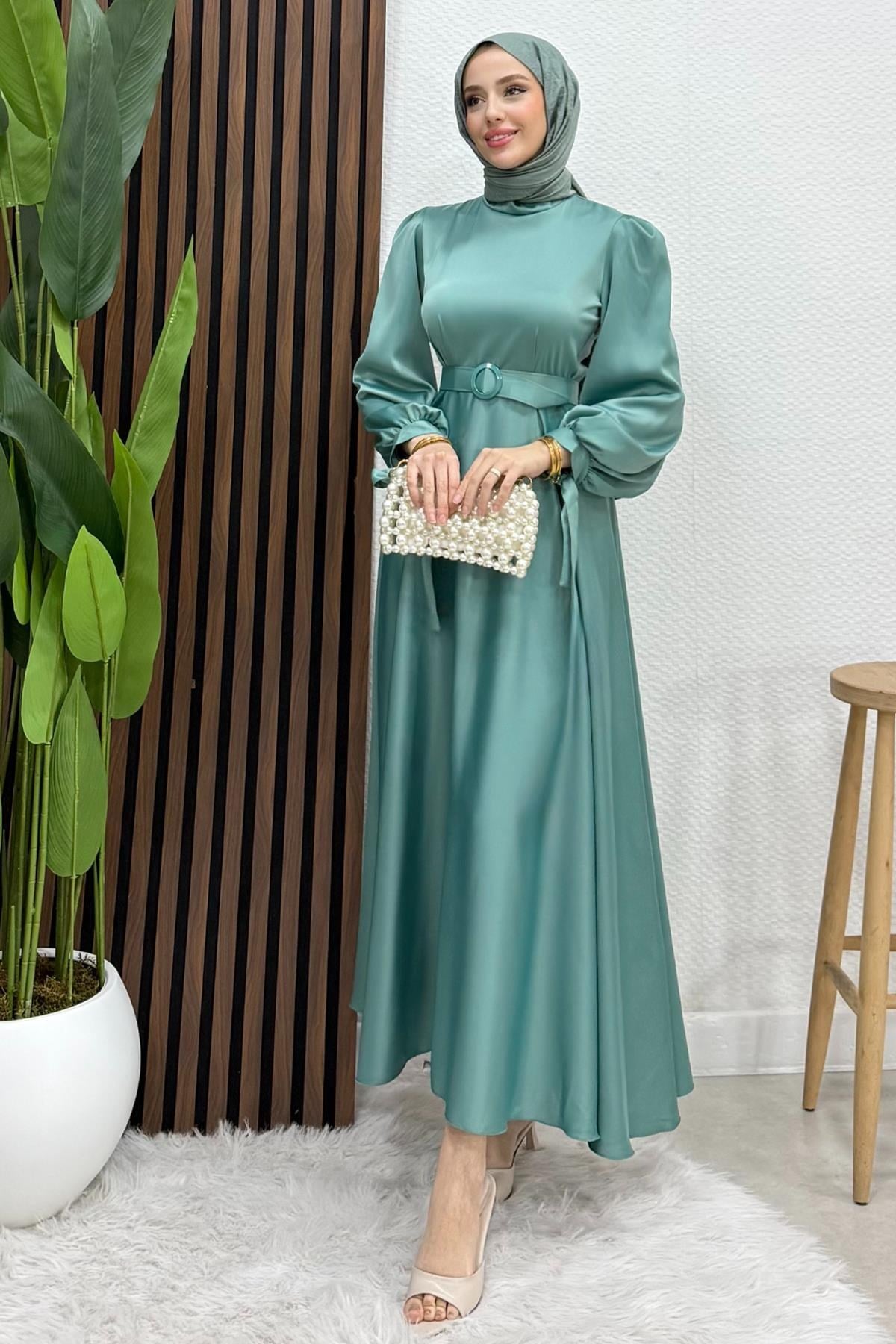 Saten Kemerli Elbise Mint