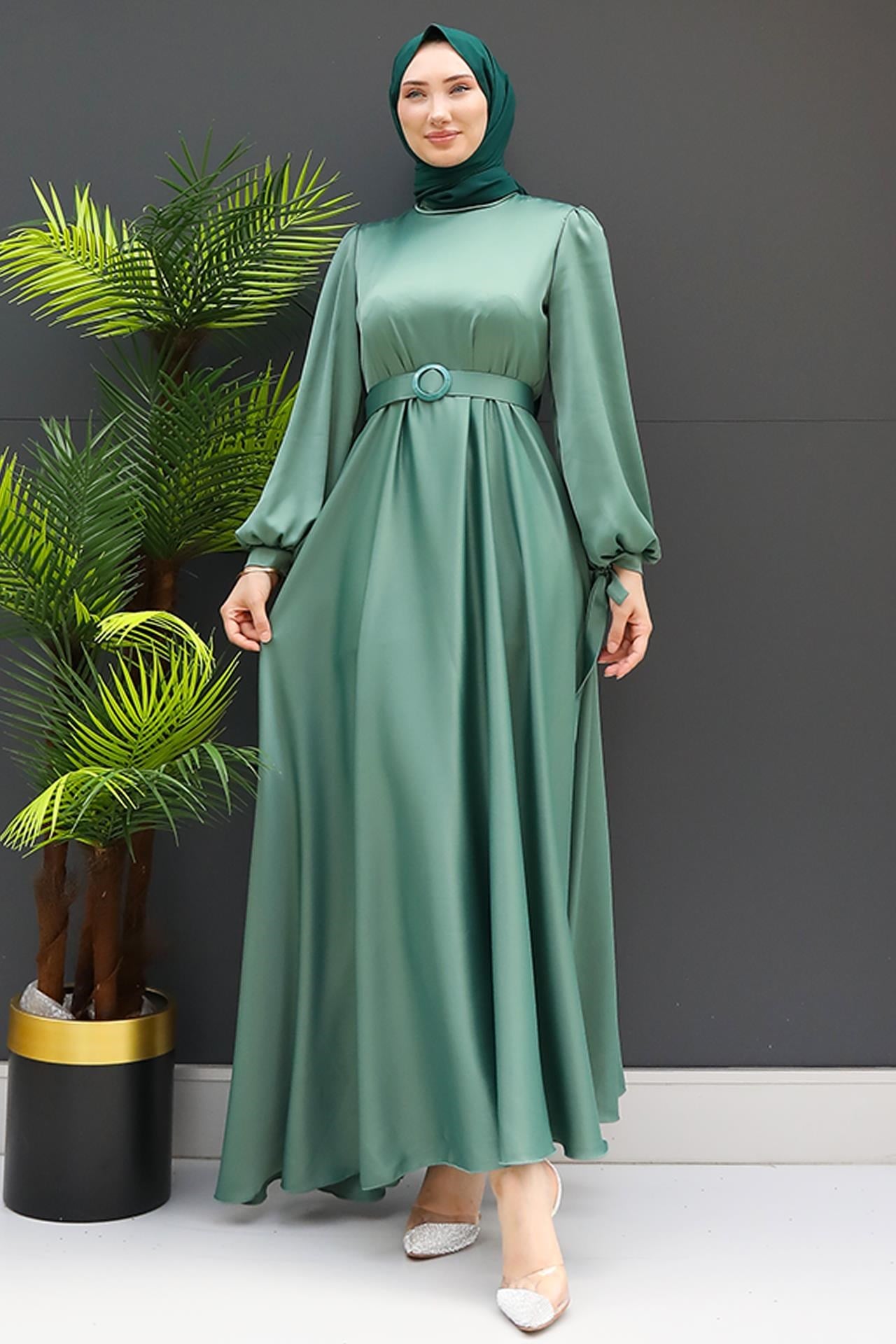 Saten Kemerli Elbise Mint