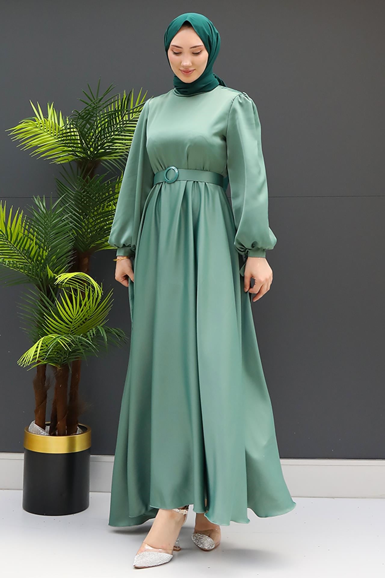 Saten Kemerli Elbise Mint