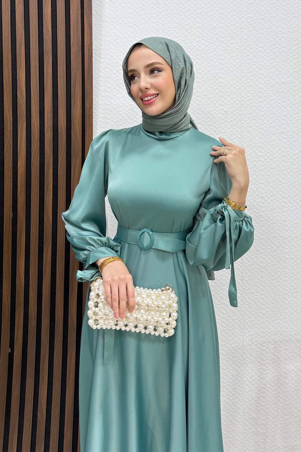 Saten Kemerli Elbise Mint