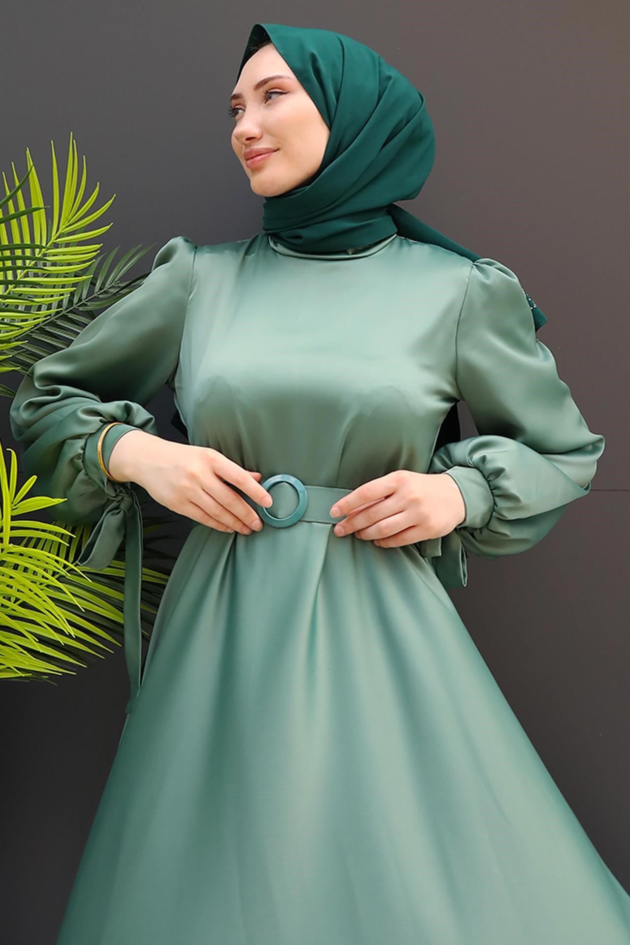 Saten Kemerli Elbise Mint