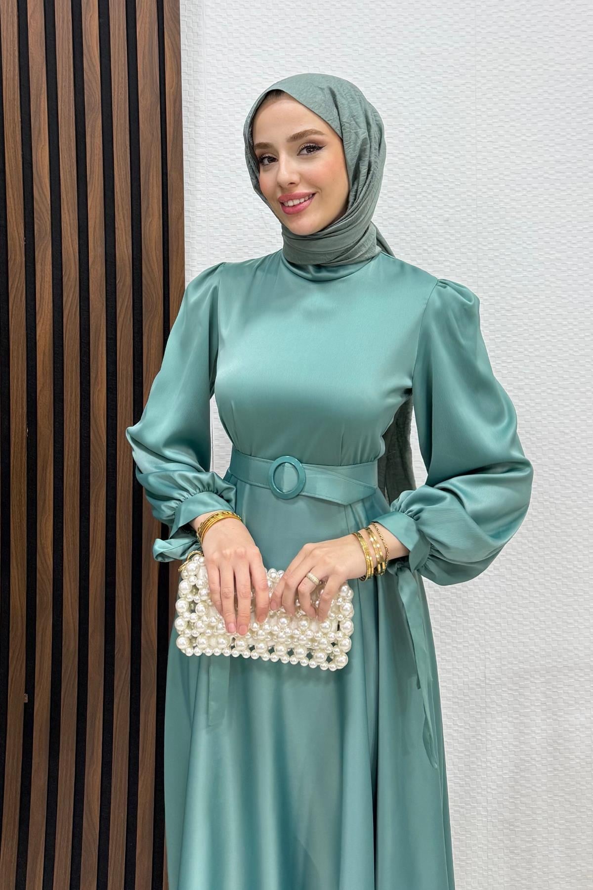 Saten Kemerli Elbise Mint