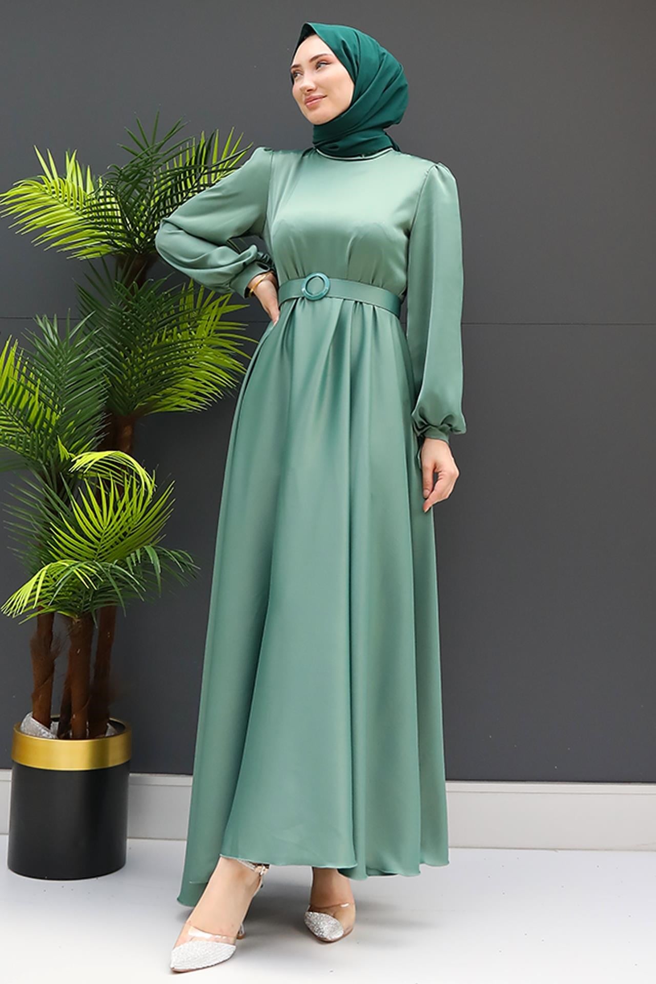 Saten Kemerli Elbise Mint