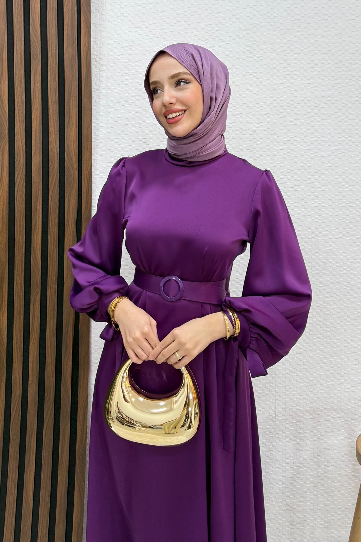 Saten Kemerli Elbise Mor