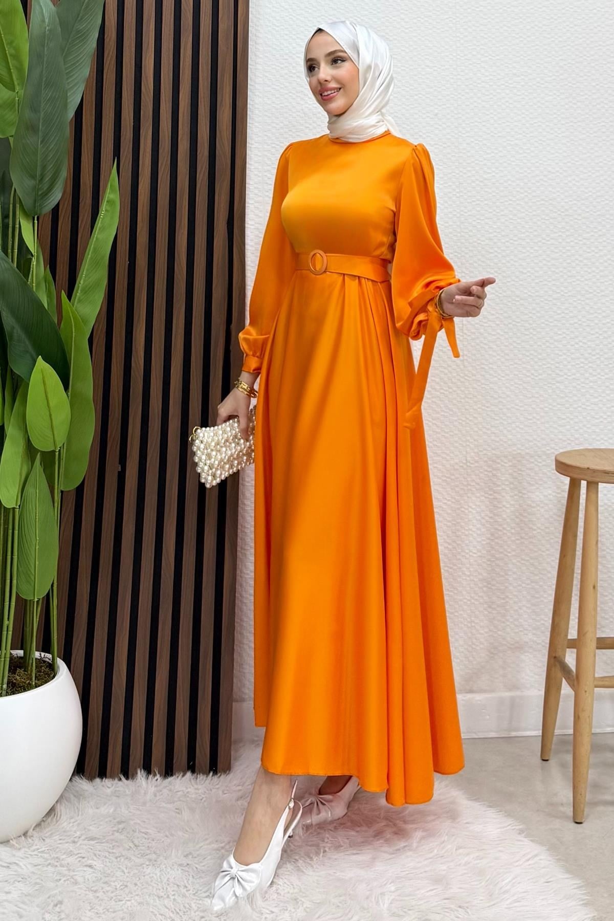 Saten Kemerli Elbise Orange
