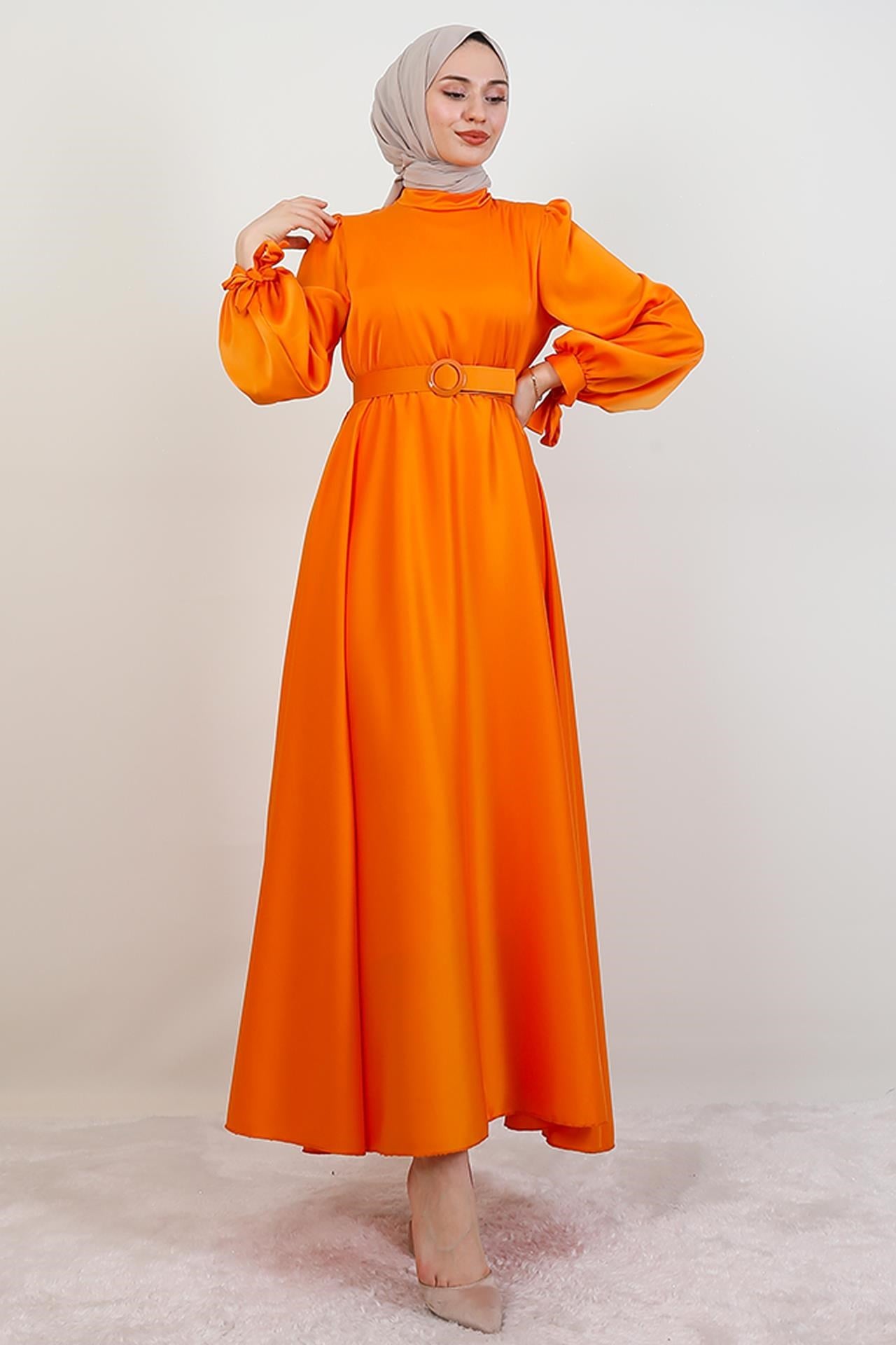Saten Kemerli Elbise Orange