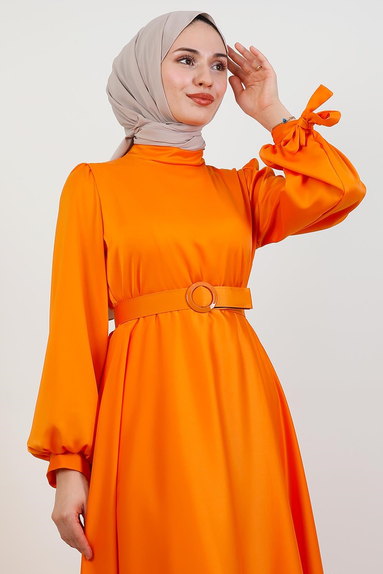 Saten Kemerli Elbise Orange