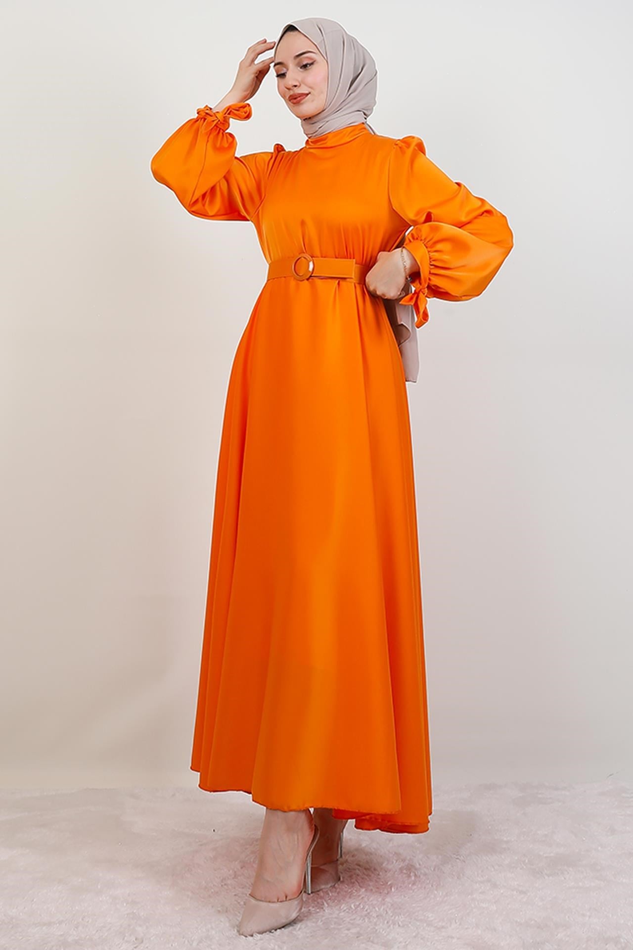 Saten Kemerli Elbise Orange