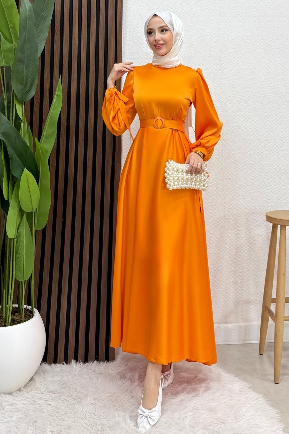 Saten Kemerli Elbise Orange