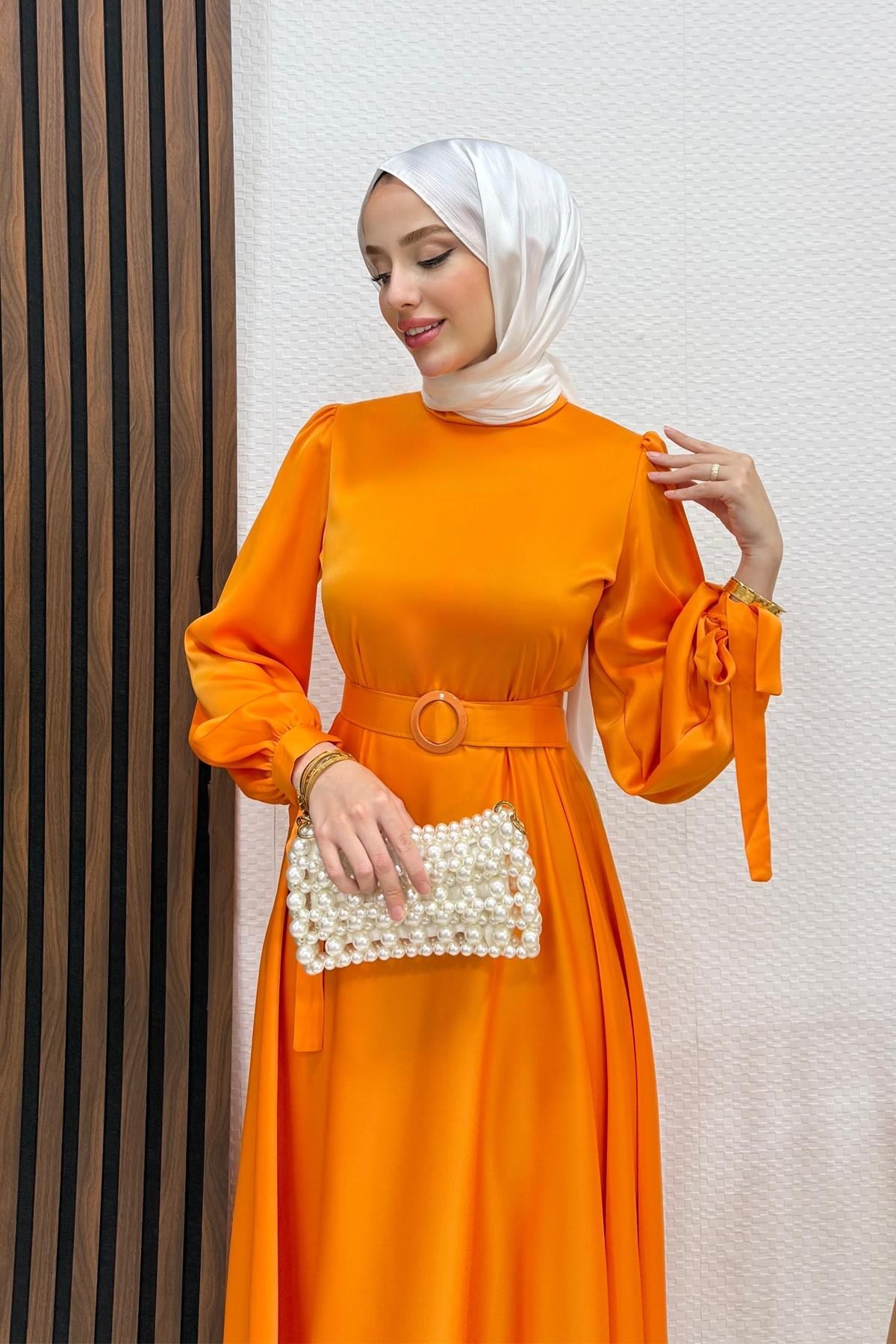 Saten Kemerli Elbise Orange