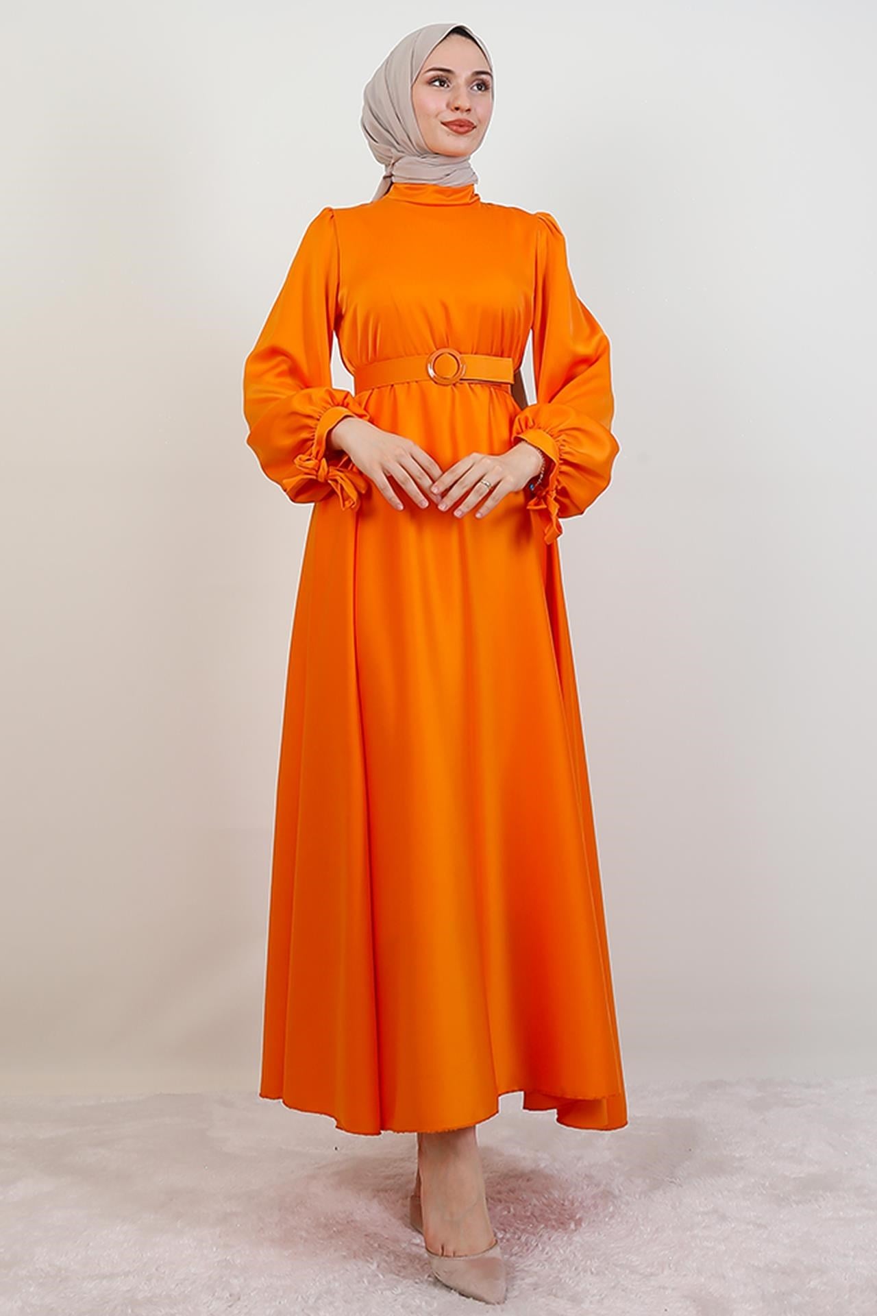 Saten Kemerli Elbise Orange