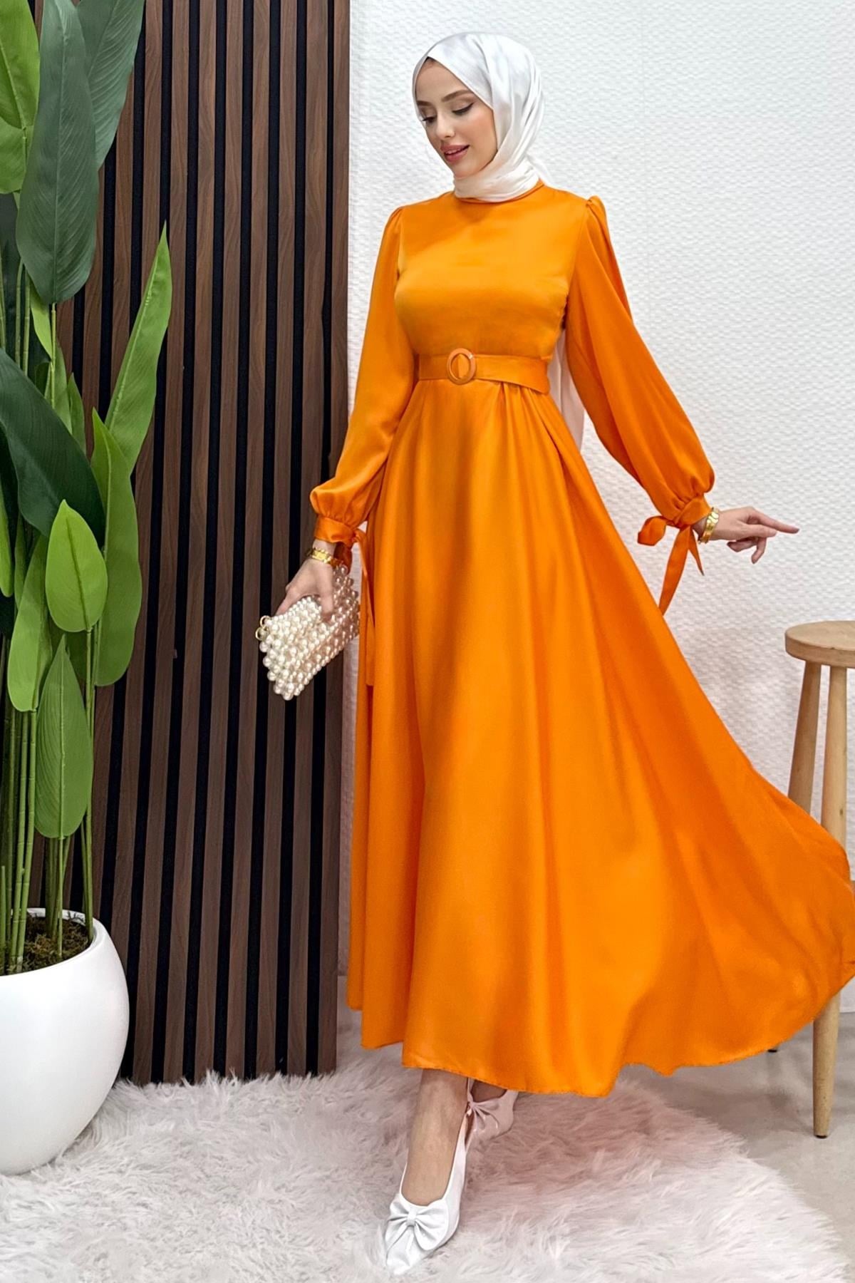 Saten Kemerli Elbise Orange