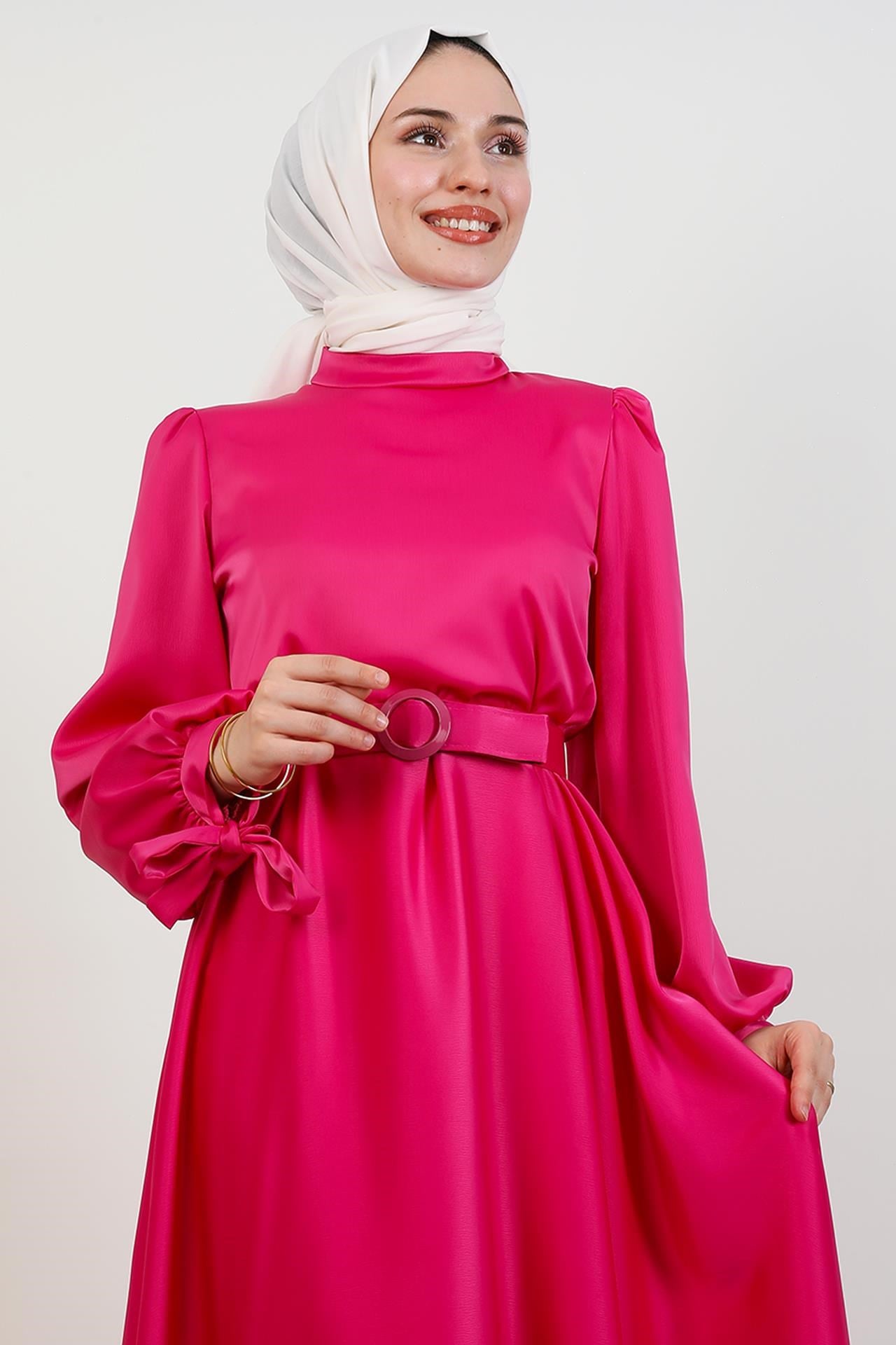 Saten Kemerli Elbise Pembe