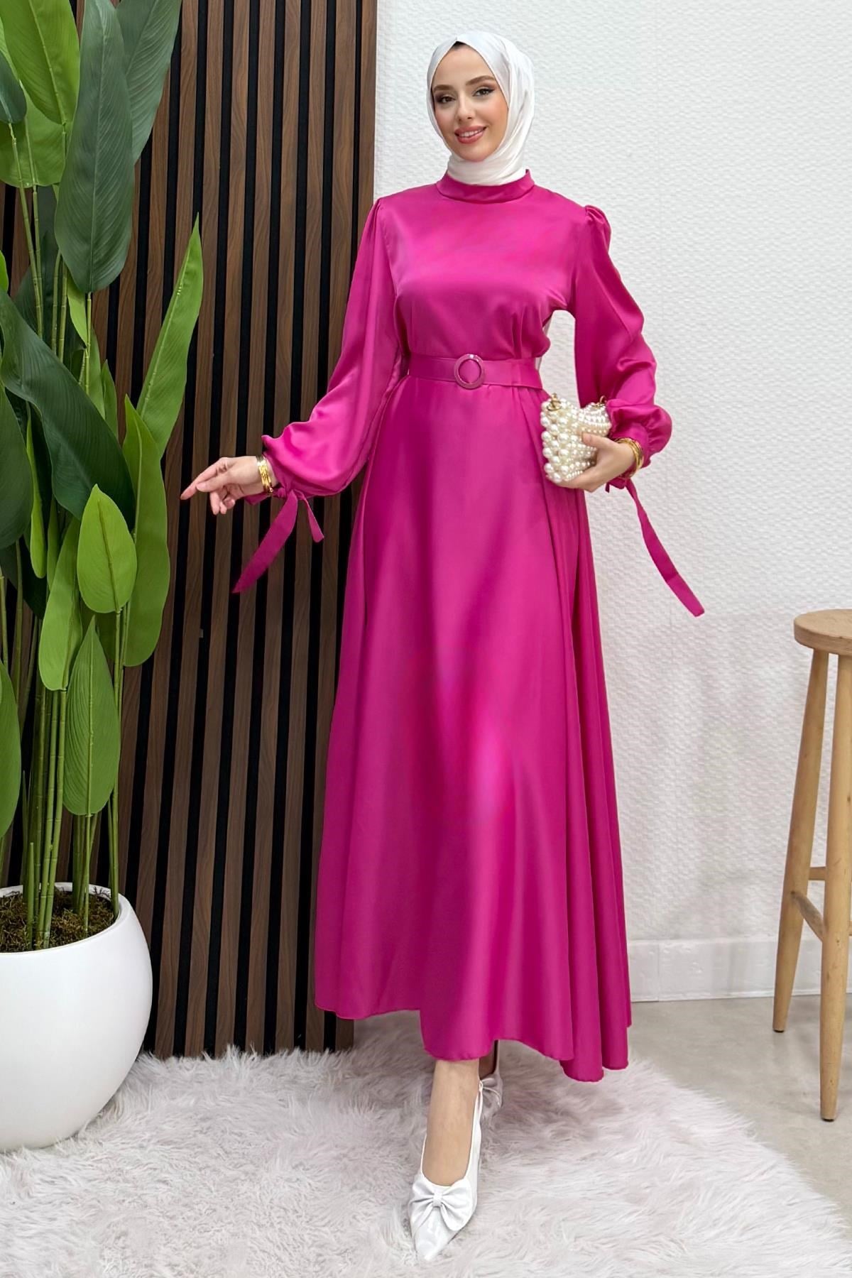 Saten Kemerli Elbise Pembe