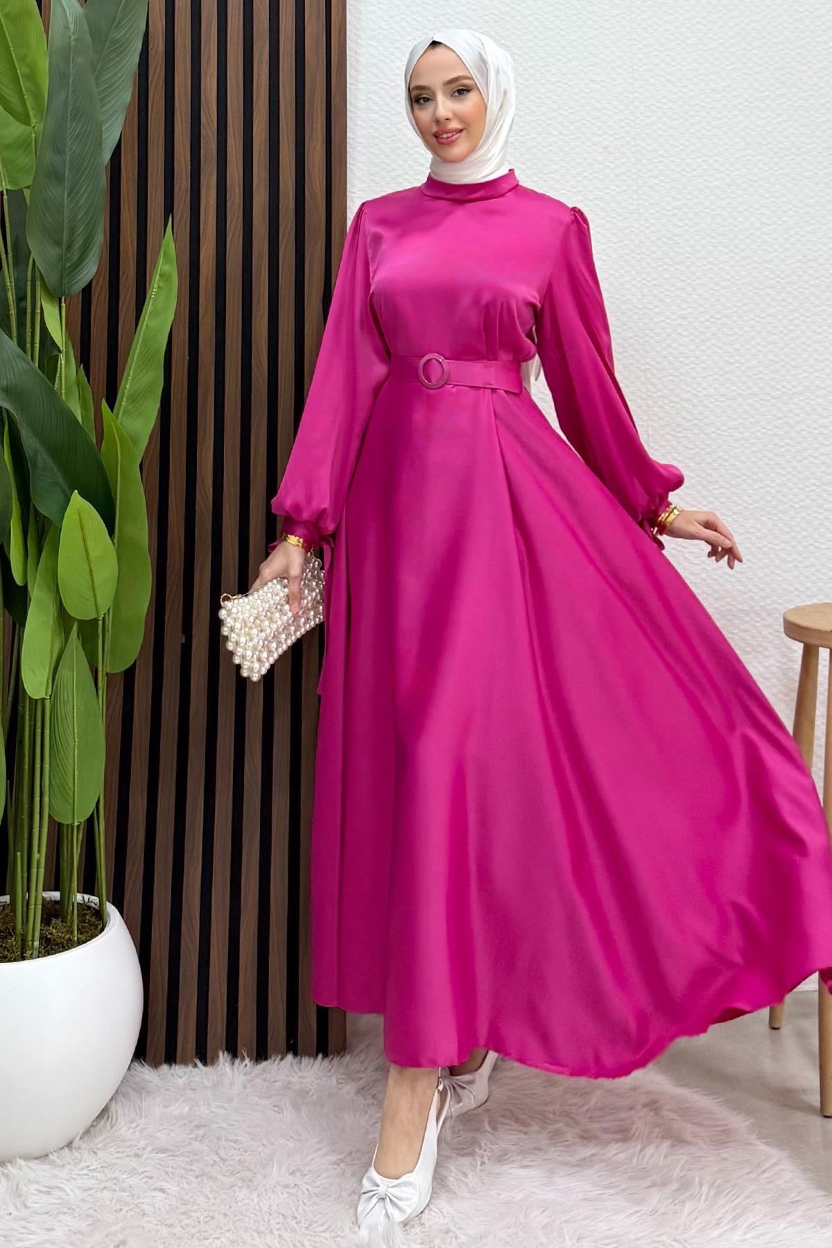 Saten Kemerli Elbise Pembe