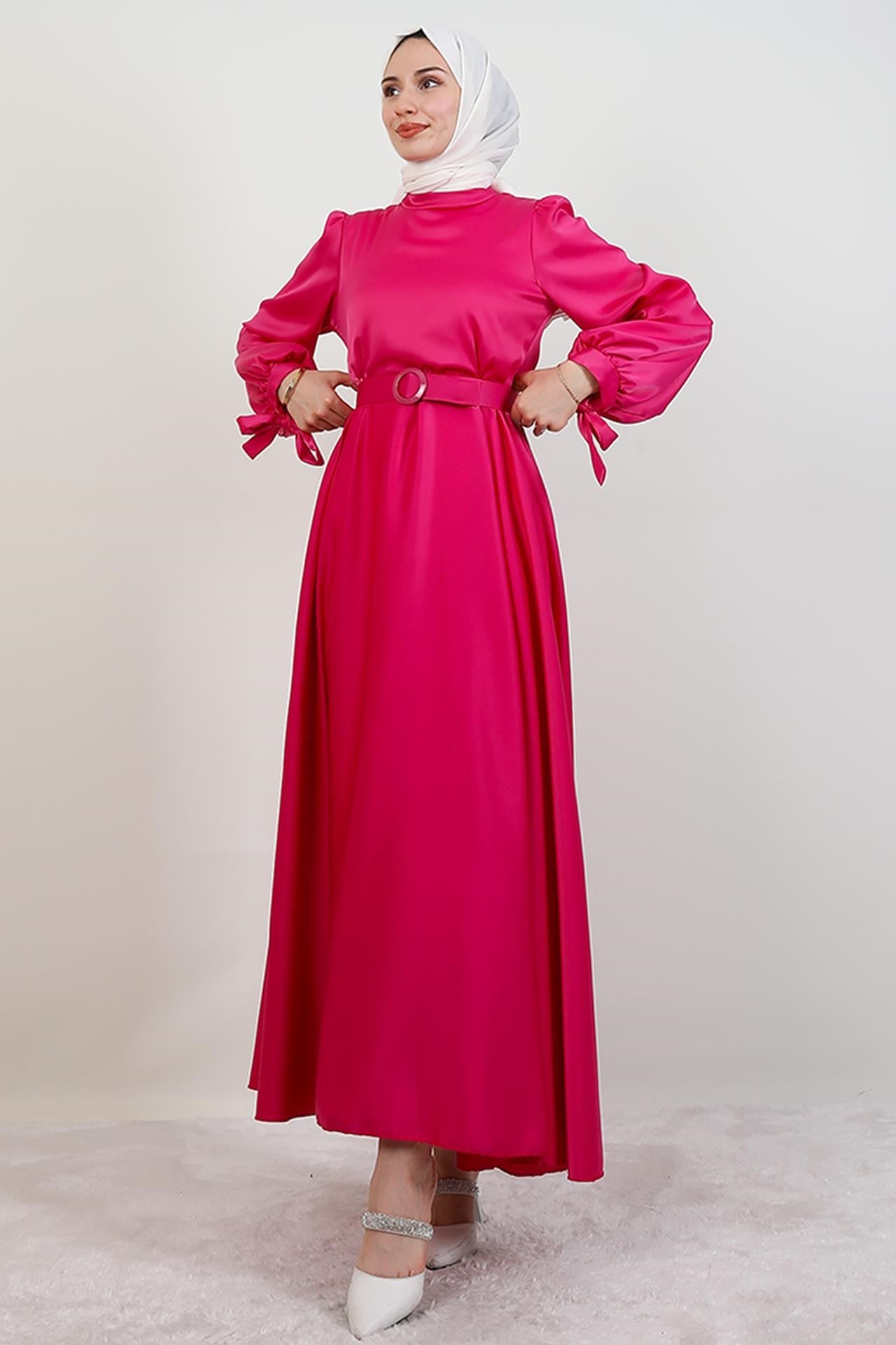 Saten Kemerli Elbise Pembe